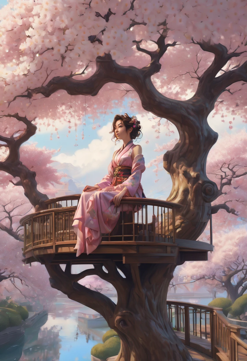 1girl, The Sakura Maiden, Treehouse built in a Cherry Blossom Tree, a very intricate and hyper-detailed oil painting by Daniel F Gerhartz, Clint Cearley, Eve Ventrue, volumetric lighting, gorgeous, swirling ornamentals, fluid acrylic, elegant gradients, photorealistic, a masterpiece, trending on Artstation, triadic colors, Epic cinematic brilliant stunning intricate meticulously detailed dramatic atmospheric maximalist digital matte painting, aesthetic