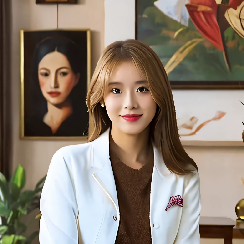 super detailplease make me a photo of a beautiful Indonesian woman aged 30 bright face brownish blond hair.wearing a white blazer wearing a watch, sitting facing forward in the room with nice decoration, comfortable.behind it there is an aesthetic painting, with bright visual effects, must be with contrast, bright, natural and detail.smoth ultra hd, Surrealism, modern, 8k