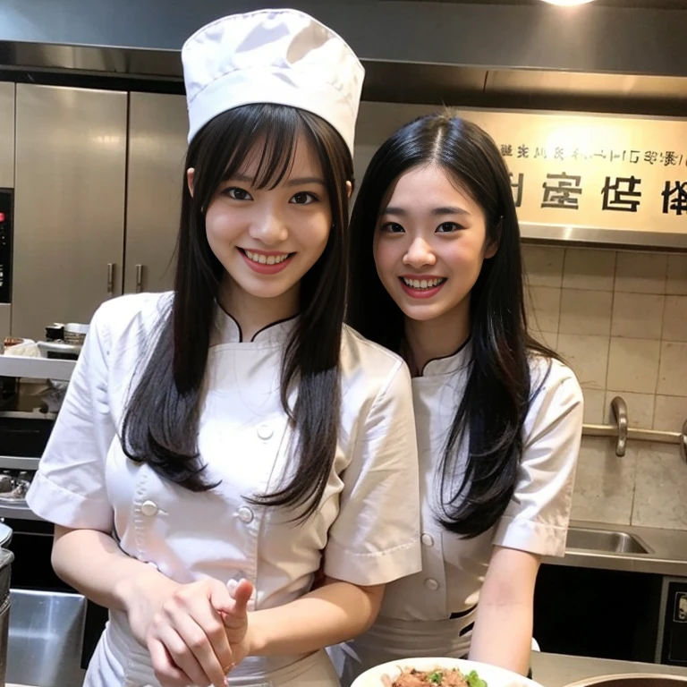 Japanese woman in her 30s,dressed as a Chinese chef,wearing a chef's white hat,laughter,Guide around the kitchen of a Chinese restaurant,Recruiting members,