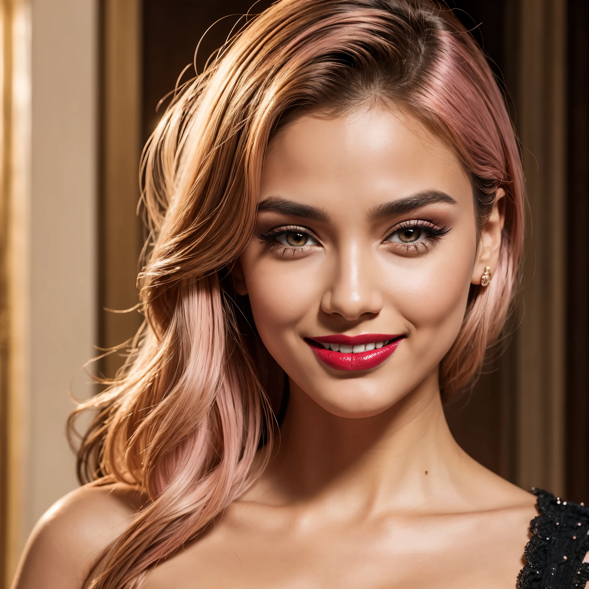 Best quality, masterpiece, ultra high res, photorealistic, raw photo, unity 8k wallpaper,(red lips:1.3),(pink eyeshadow:1.3),parted lips,,(evil smile:1.1), tan skin