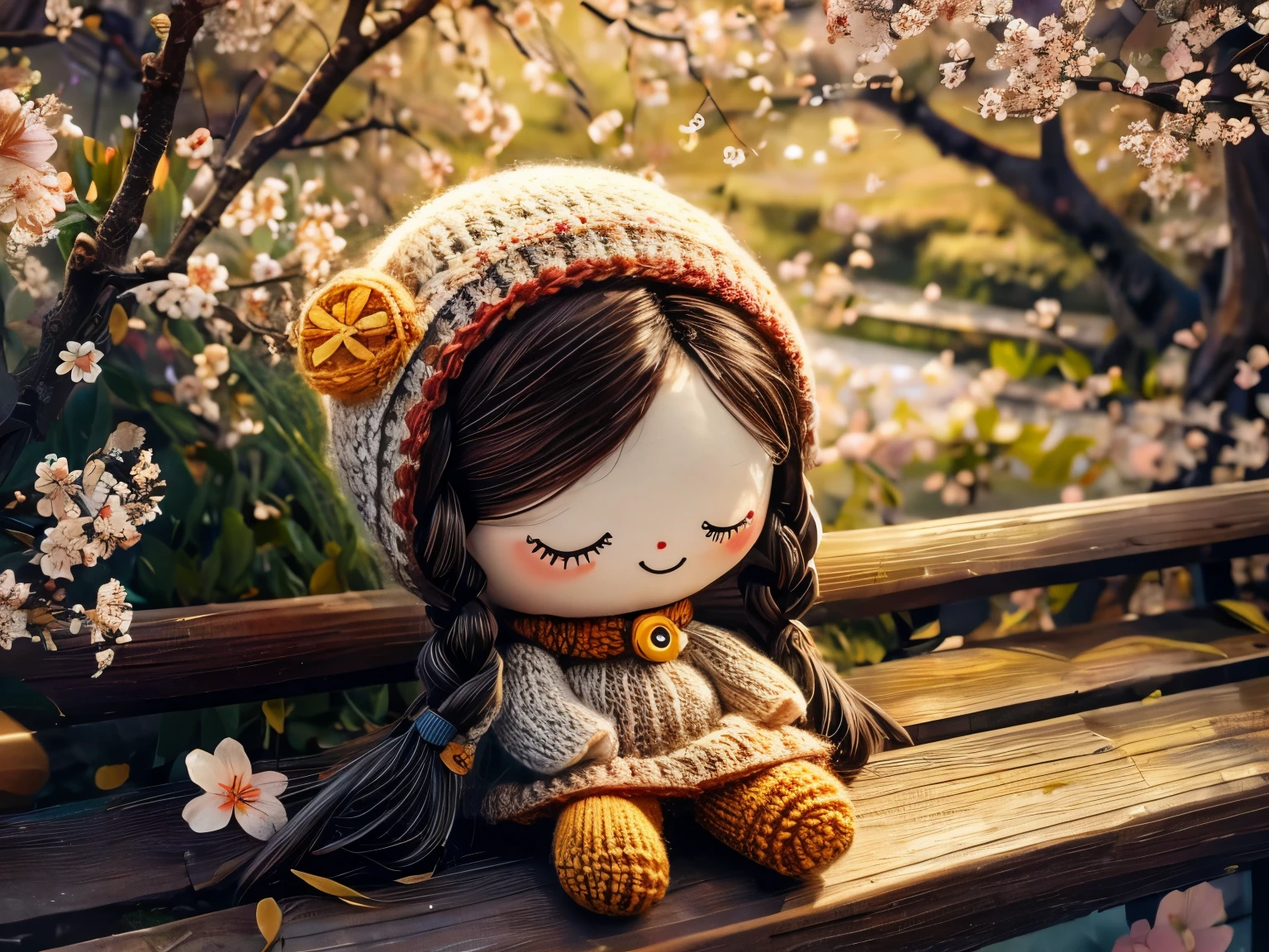 (masterpiece, best quality:1.2),knitted doll，smiley face，riverside，under the cherry blossom tree，Cherry blossoms all over the ground，Sakura petals flying background，Sakura petals are floating in the air，depth of field，backlight，Light particles flutter，Light effect，8k