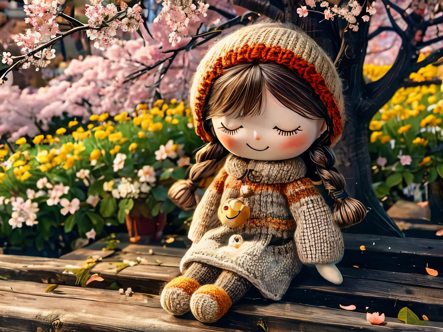 (masterpiece, best quality:1.2),knitted doll，smiley face，riverside，under the cherry blossom tree，Cherry blossoms all over the ground，Sakura petals flying background，Sakura petals are floating in the air，depth of field，backlight，Light particles flutter，Light effect，8k