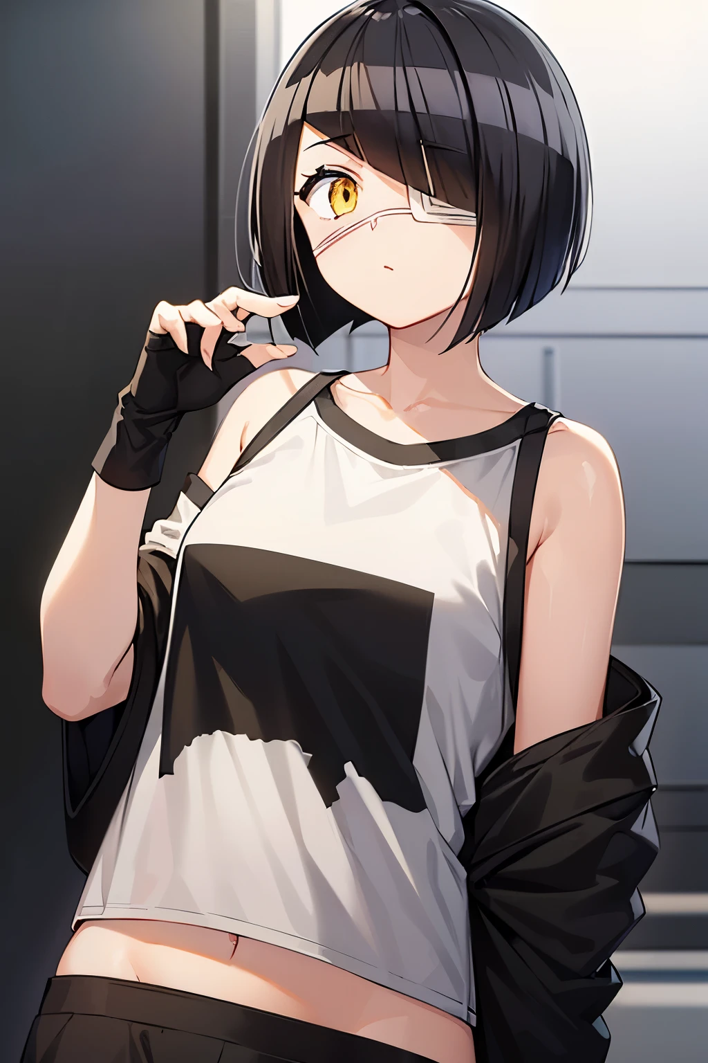 girl, nakanaka_omoharu, black hair, short hair, flat chest, golden eyes, white eye patch, casual outfit, black shirt, white patches, oversized shirt, off shoulder, fingerless gloves, black socks