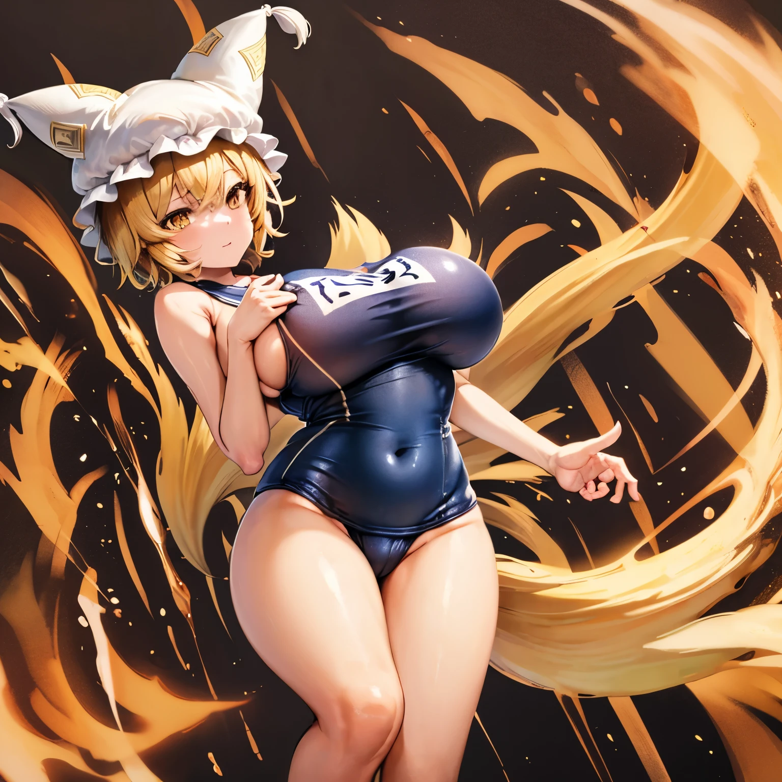 1girl, yakumo ran, hat, blonde hair, fox ears tail, short hair, yellow eyes, multiple tails, (( large breasts, school swimsuit))