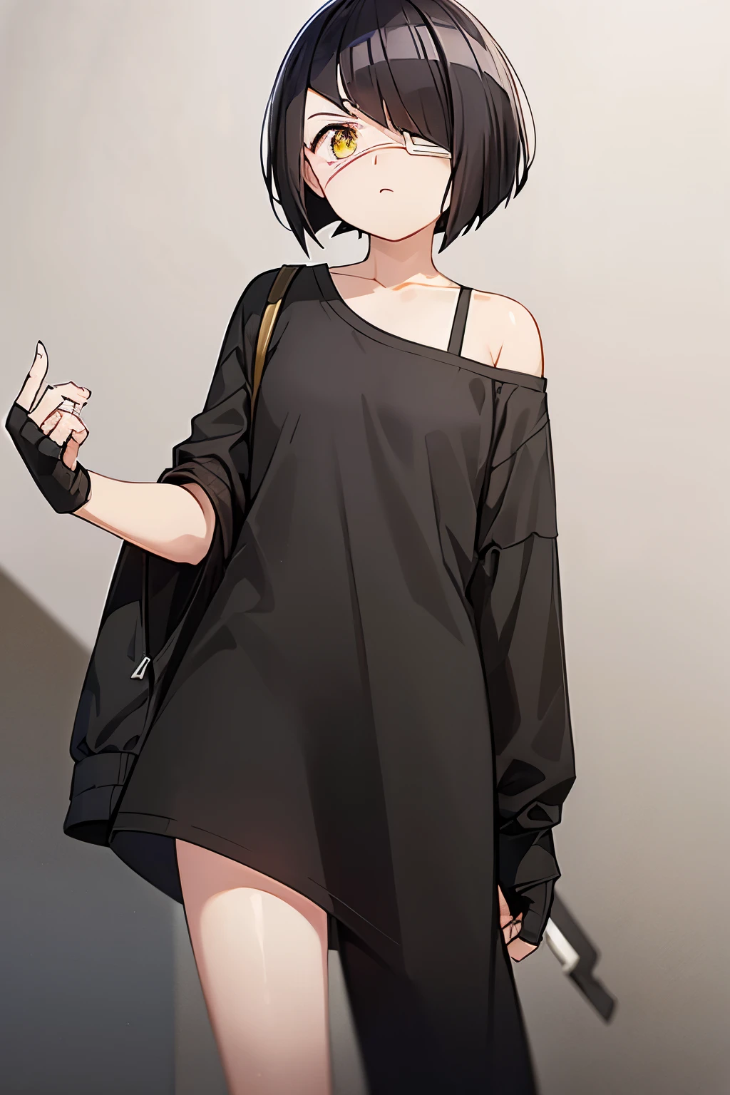 girl, nakanaka_omoharu, black hair, short hair, flat chest, golden eyes, white eye patch, casual outfit, black and white shirt, oversized shirt, off shoulder, fingerless gloves, black socks