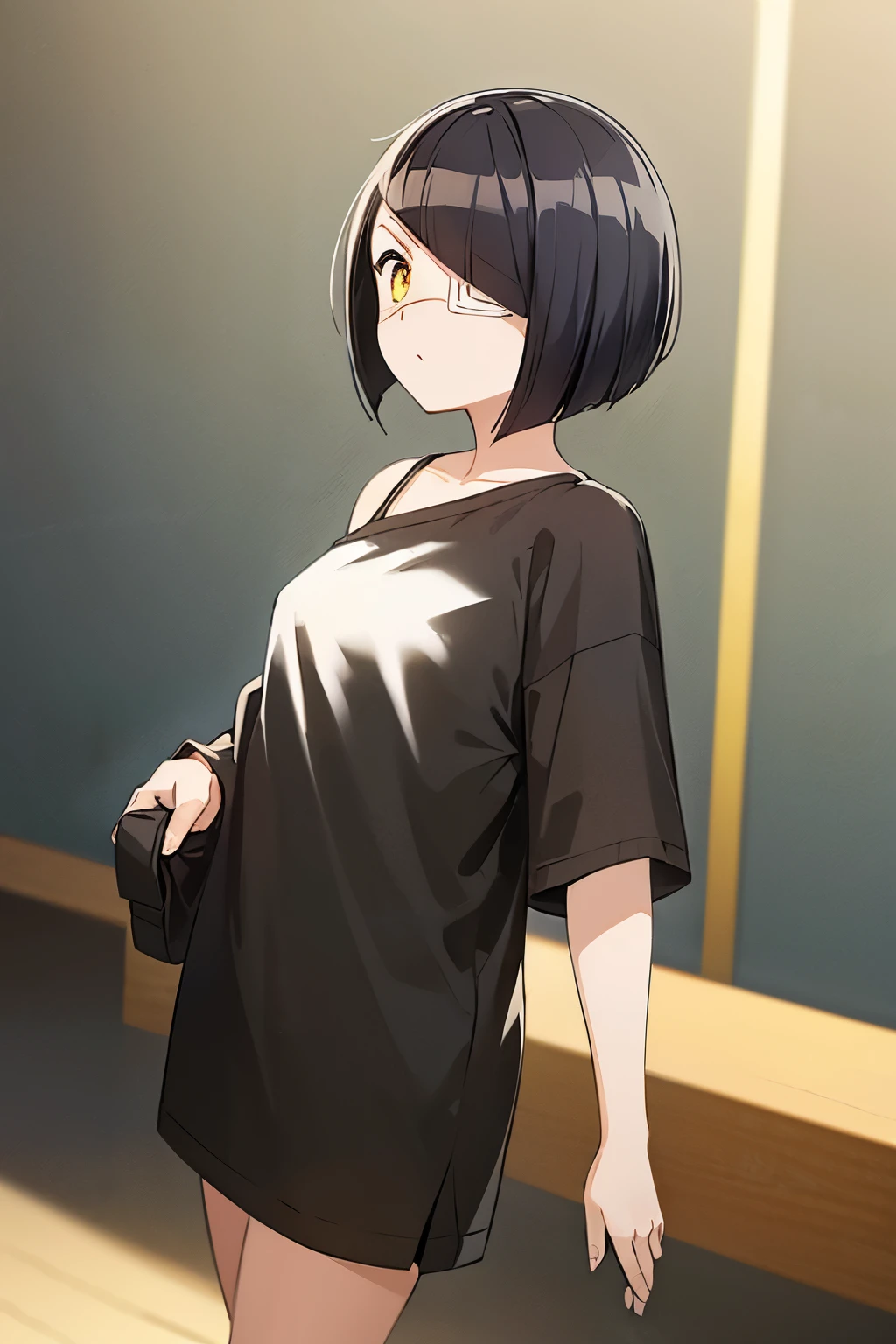 girl, nakanaka_omoharu, black hair, short hair, flat chest, golden eyes, white eye patch, casual outfit, black and white shirt, oversized shirt, off shoulder, fingerless gloves, black socks