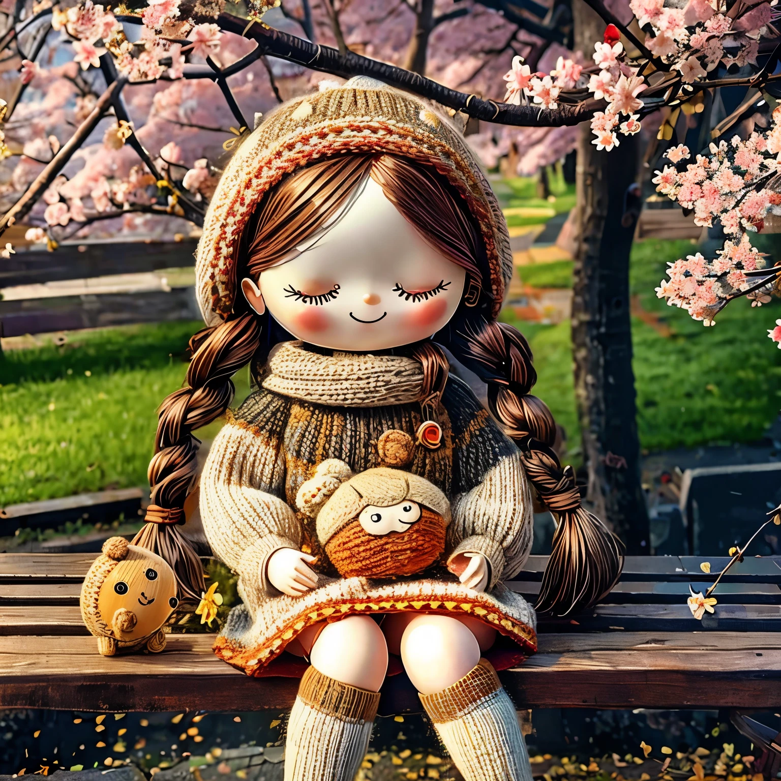 (masterpiece, best quality:1.2),knitted doll，smiley face，riverside，under the cherry blossom tree，Cherry blossoms all over the ground，Sakura petals flying background，Sakura petals are floating in the air，depth of field，backlight，Light particles flutter，Light effect，8k