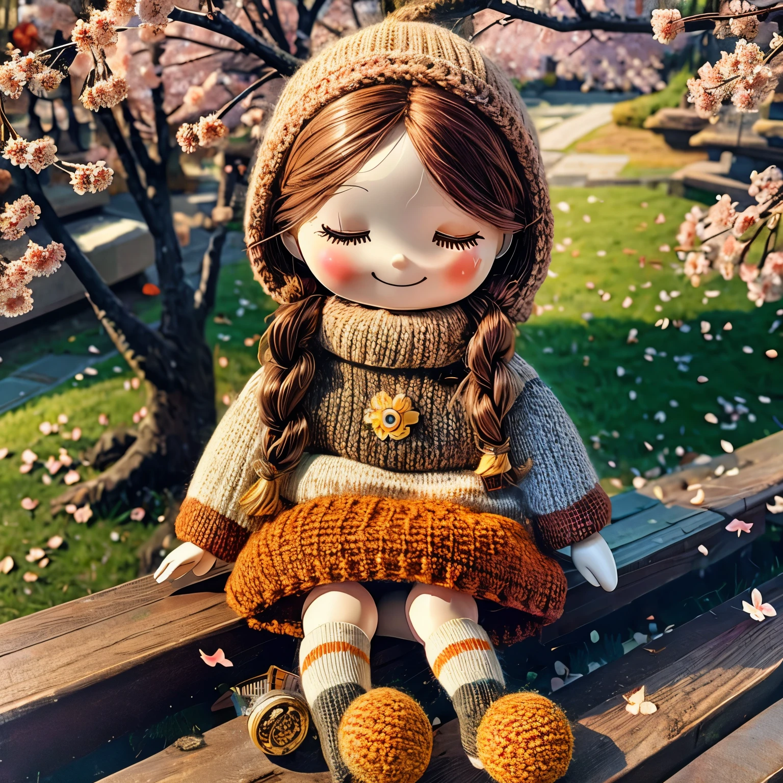 (masterpiece, best quality:1.2),knitted doll，smiley face，riverside，under the cherry blossom tree，Cherry blossoms all over the ground，Sakura petals flying background，Sakura petals are floating in the air，depth of field，backlight，Light particles flutter，Light effect，8k