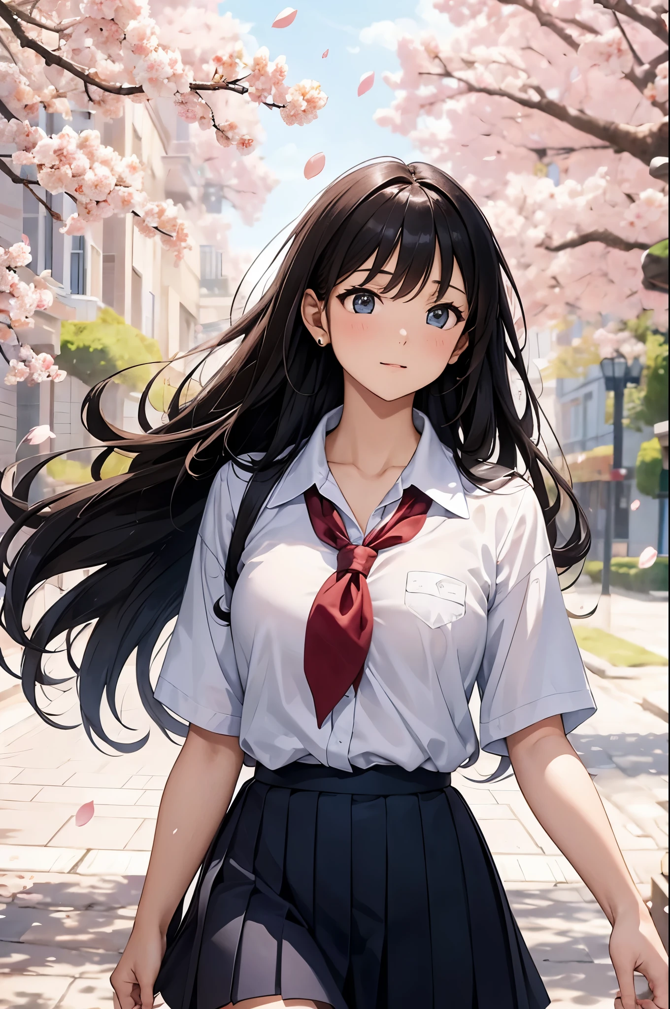 masterpiece, best quality, extremely detailed, 8k, a pretty girl, high school student, hair flowing in the wind, gracefully spreading cherry blossom trees, petals fluttering with each breeze:1.3, creating a fleeting floral snowstorm in the air:1.3, running hands through hair, black hair, ultra detailed face, school uniform