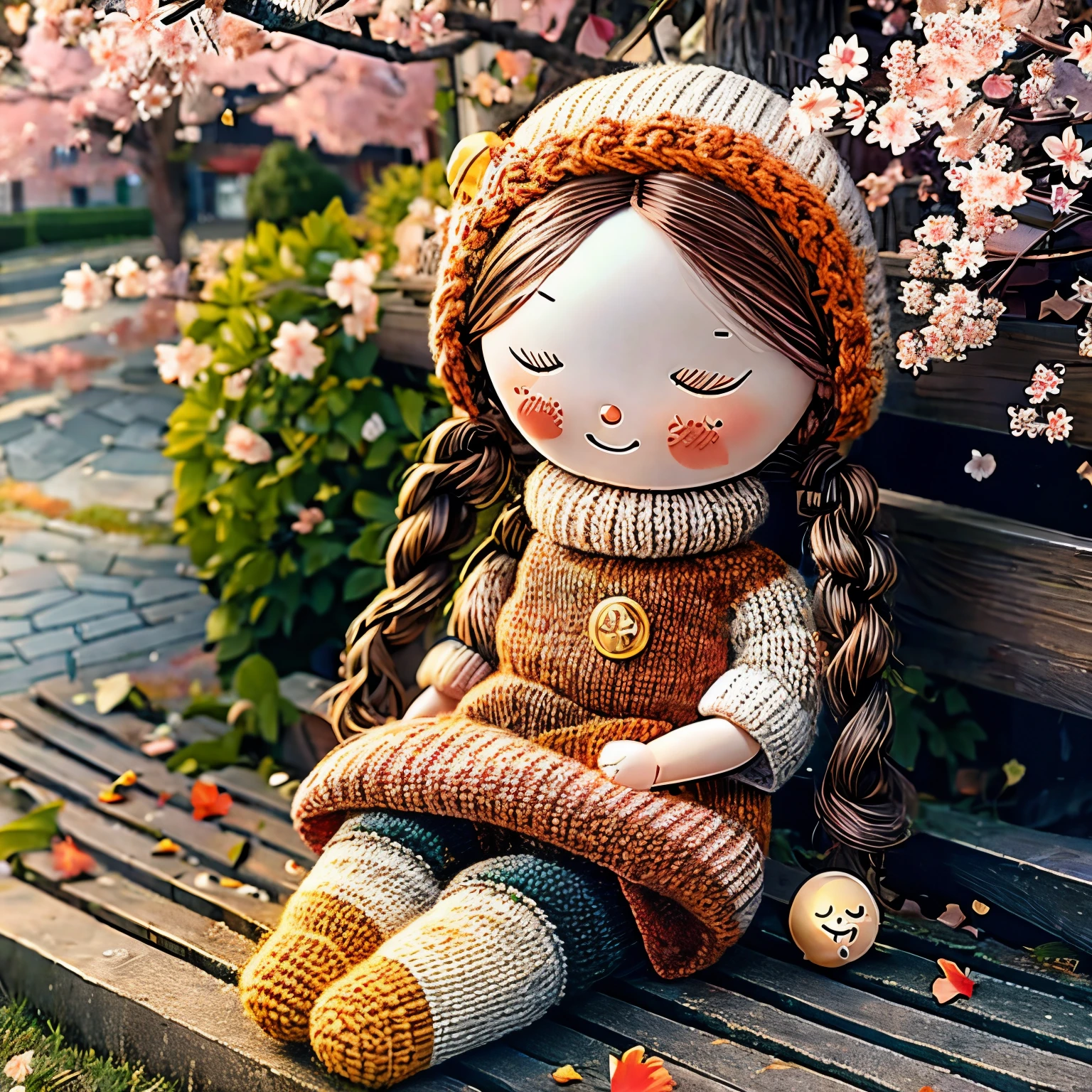 (masterpiece, best quality:1.2),knitted doll，smiley face，riverside，under the cherry blossom tree，Cherry blossoms all over the ground，Sakura petals flying background，Sakura petals are floating in the air，depth of field，backlight，Light particles flutter，Light effect，8k