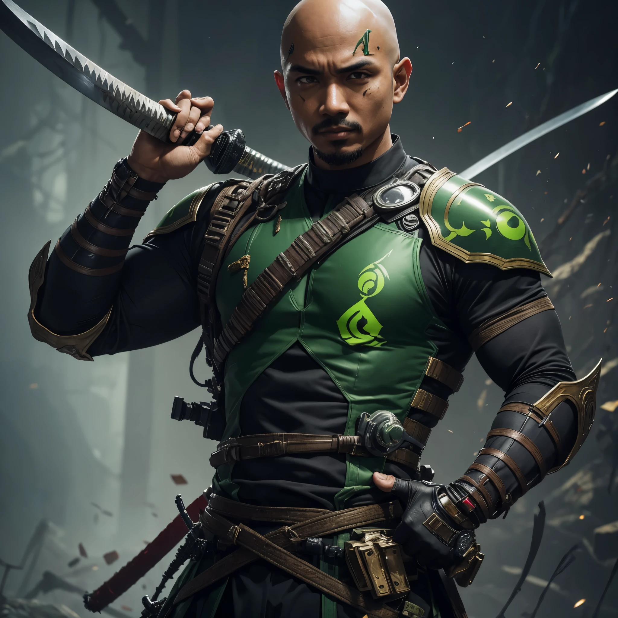 Nasir is a Indonesian man, Nasir hair style is a bald and young face. Nasir was wearing a green cyborg broken ninja costume, his hands had red liquid on them, he hand hold on katana, dusty, background war, photography, realistic, UHD 4k, detail