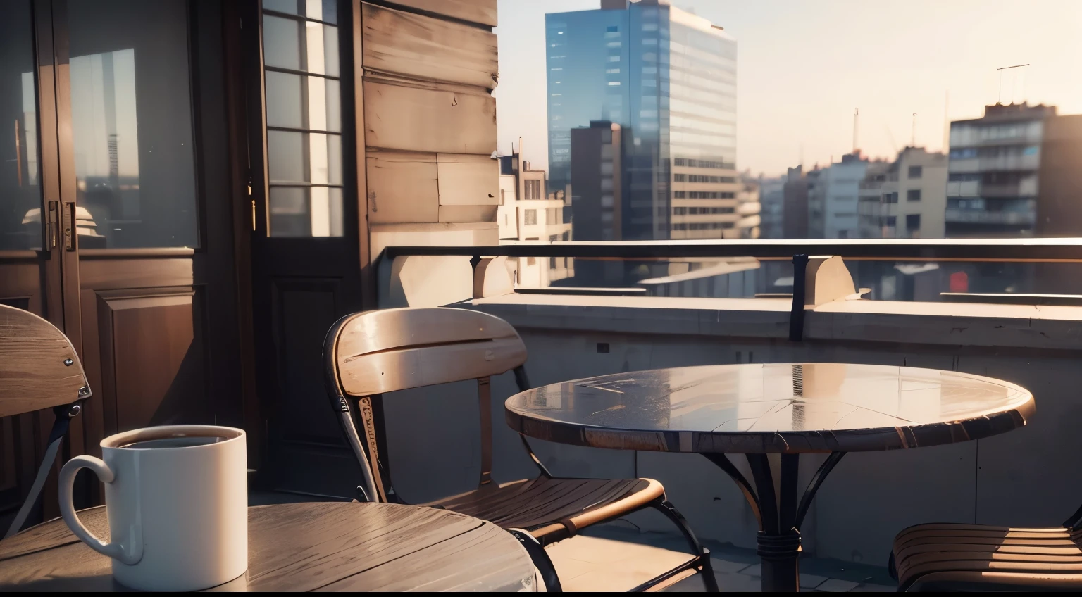 (8K, realistic, RAW photo, highest quality,Depth of the bounds written: 1.4),realistic,Photoreal,very delicate and beautiful,very detailed,finely,super detailed,High resolution、Cafe、evening、coffee、Chair、table、Terrace seats、Outside the terrace is the city of Paris、(Nobody is here)、