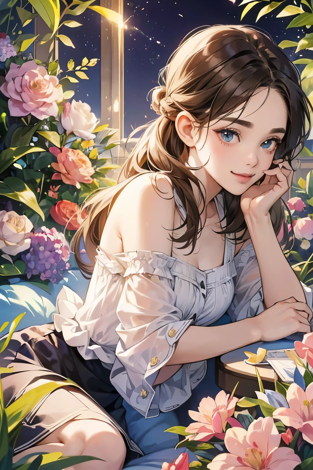 (table top, digital art, digital illustration, 4k, 8k, super detailed, beautiful images, clear image, realistic, RAW photo, perfect face, perfect lines, perfect eyes, soft lighting) 1 female, (light brown hair,chignon hair,innocent look,droopy eyebrows,droopy eyes、With a round face,round chin、innocence,cute,Big eyes,natural makeup,smile gently,E cup,23 is a novel:1.3),Two handsome men in suits, (human,man wearing a suit,muscular,solid shoulder width, boyish hairstyle,A man in his 30s with a cool expression,28 year old man with a bright smile:1.2),garden full of light、lots of flowers、squirt、colorful flower light,(embarrassing,shy smile:1.2),resort sofa,the kiss、kiss、couple、couple kissing、romance、