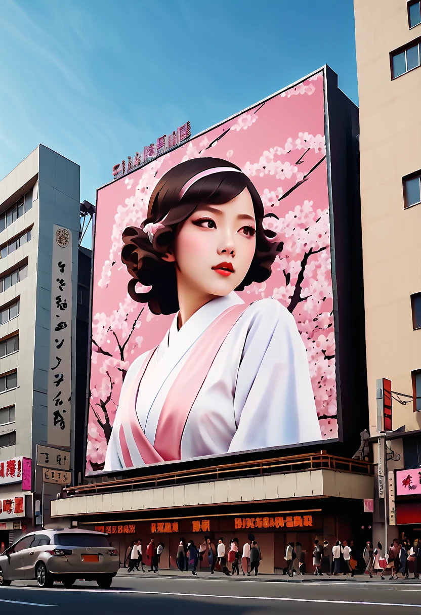 (best quality,4k,8k,highres,masterpiece:1.2),ultra-detailed,on the billboard in the city's cinema, a large poster of the movie with the name "SAKURA MAIDEN", in the background a crowd of people on the streets of a city, (art deco), 70's, japan,