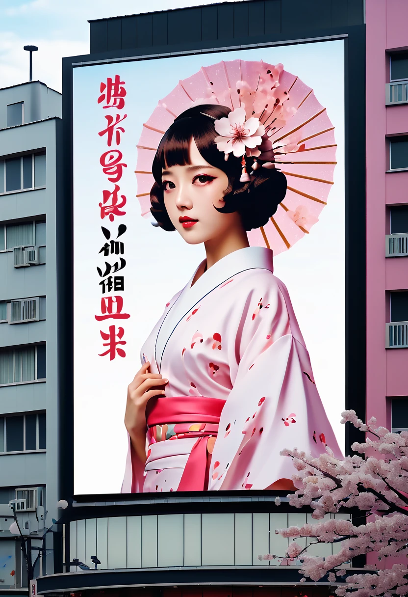 (best quality,4k,8k,highres,masterpiece:1.2),ultra-detailed,on the billboard in the city's cinema, a large poster of the movie with the name "SAKURA MAIDEN", in the background a crowd of people on the streets of a city, (art deco), 70's,