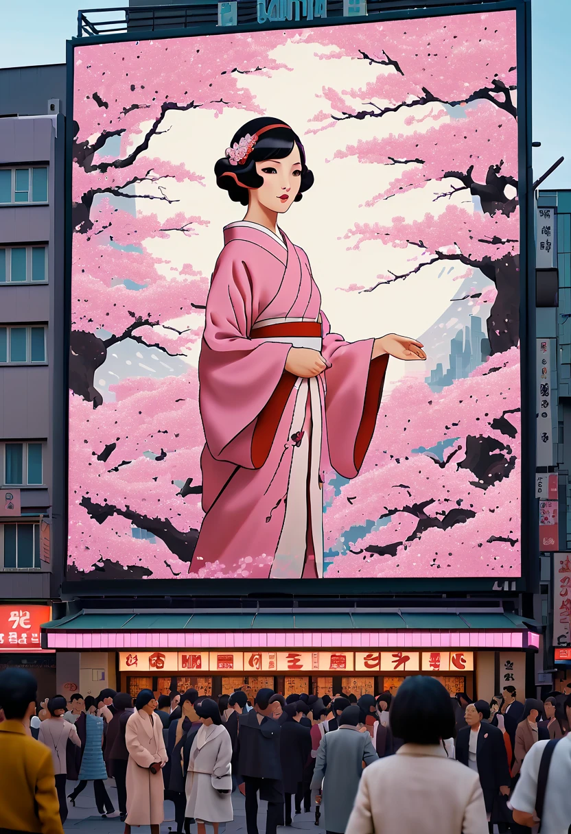 (best quality,4k,8k,highres,masterpiece:1.2),ultra-detailed,on the billboard in the city's cinema, a large poster of the movie with the name "SAKURA MAIDEN", in the background a crowd of people on the streets of a city, (art deco), 70's, japan,