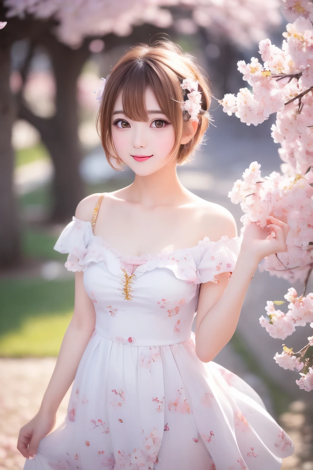 an innocent and beautiful girl like a cherry blossom, happy, shy, messy pixie cut, pastel colors, incredibly absurdres, extremely detailed, delicate texture, background iridescent pastel color, blooming profusely, cherry blossoms, cherry blossom petals, dancing petals, scattered gold dust, wind, motion-blur, action-lines, fantasy