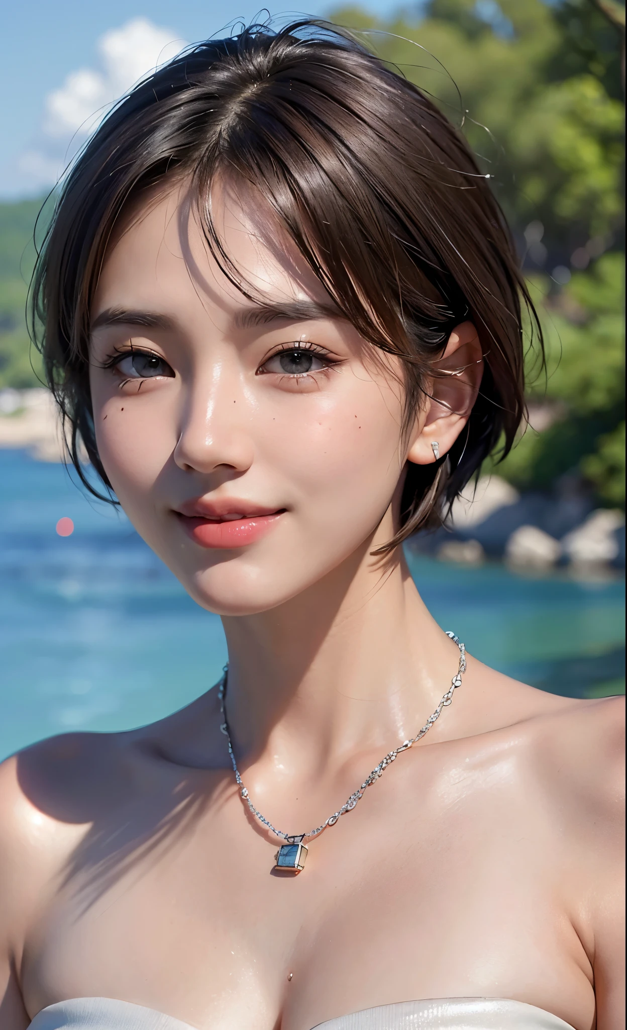 highest quality、masterpiece、超A high resolution、(realistic:1.4)、(real skin texture:1.3)、(film grain:1.3)、panorama、Portrait、very wide angle lens、Close-up、Tyndall effect、perfect beautiful adult woman、beautiful eyes and skin details、smile、short cut hair、beautiful bust、small necklace、open chest shirt、strong sunlight、summer sea and sky、