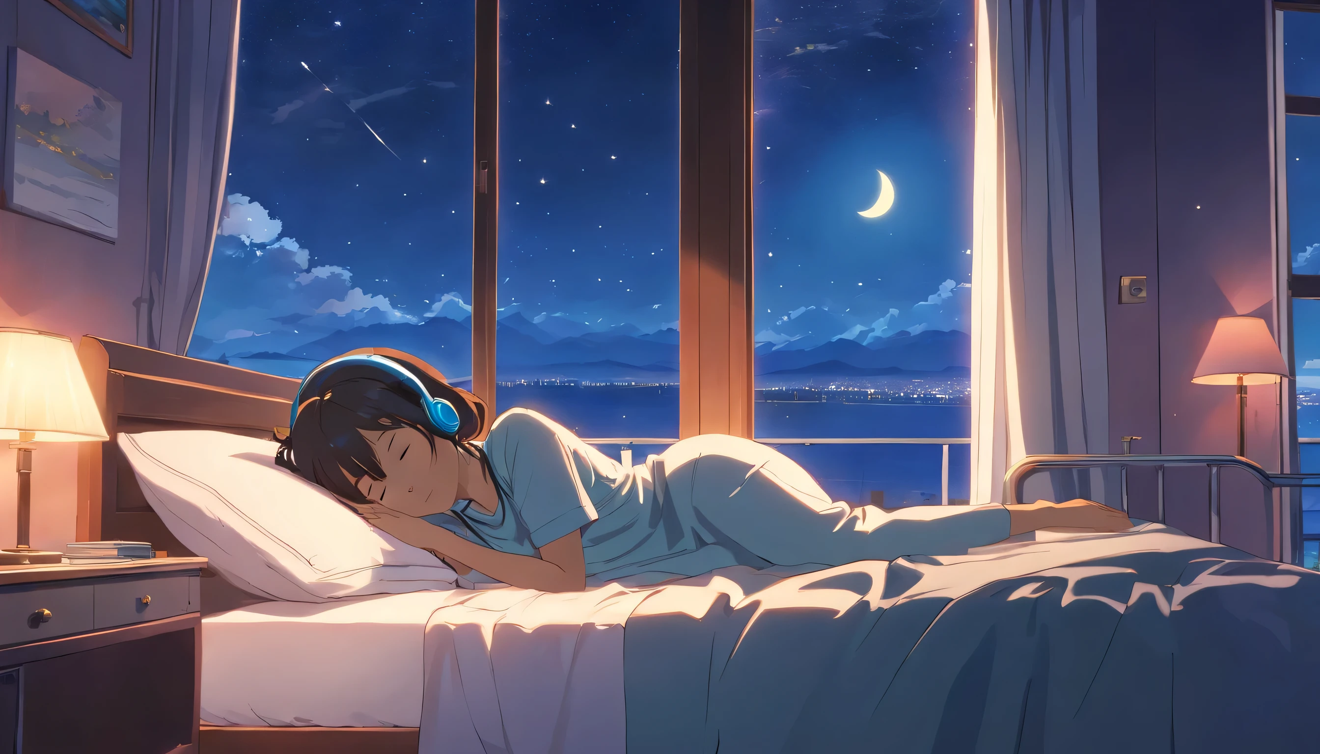 (masterpiece) a girl (Miss) sleep in bed, on her bed, wearing headphones,  Window showing moon and stars, calm, peaceful, thinking, Work, color grading, Nice color coding,