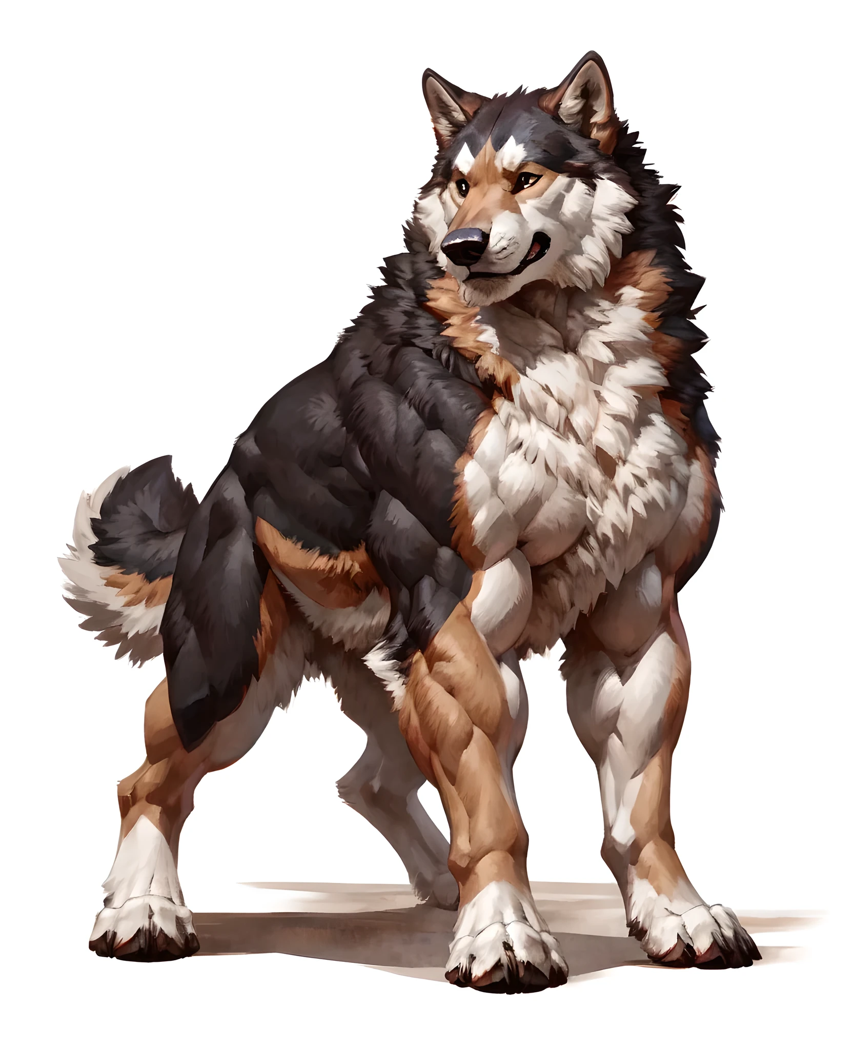 alaskan malamute, masculine, male, feral alaskan malamute, quadruped, feral, very muscular:2.0, tight muscles:1.2, well defined muscles:1.2, pectorals:1.2, muscular forelegs, muscular hindlegs, wide chest, muscular chest, taran fiddler style, wfa anatomy, detailed eyes, white background, proud, serious expression, full body