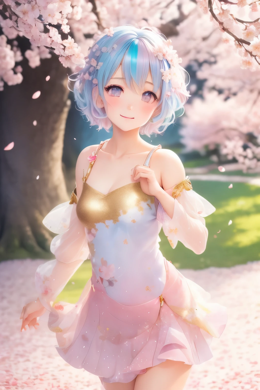 an innocent and beautiful girl like a cherry blossom, happy, shy, messy pixie cut, pastel colors, incredibly absurdres, extremely detailed, delicate texture, background iridescent pastel color, blooming profusely, cherry blossoms, cherry blossom petals, dancing petals, scattered gold dust, wind, motion-blur, action-lines, fantasy