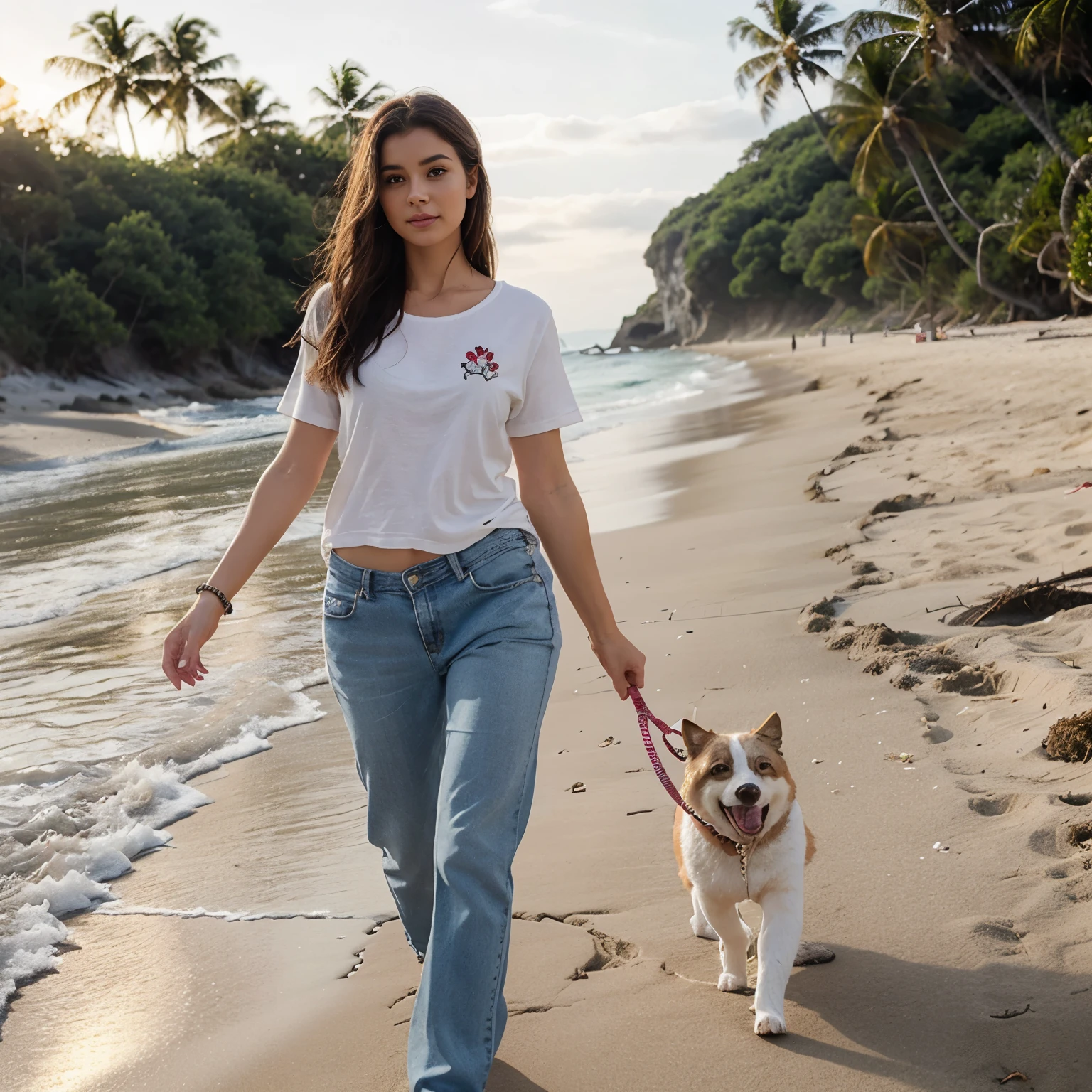 Beautiful woman quality realistic UHG SKIN is walking with her pet on the beach she is dressed in casual clothes