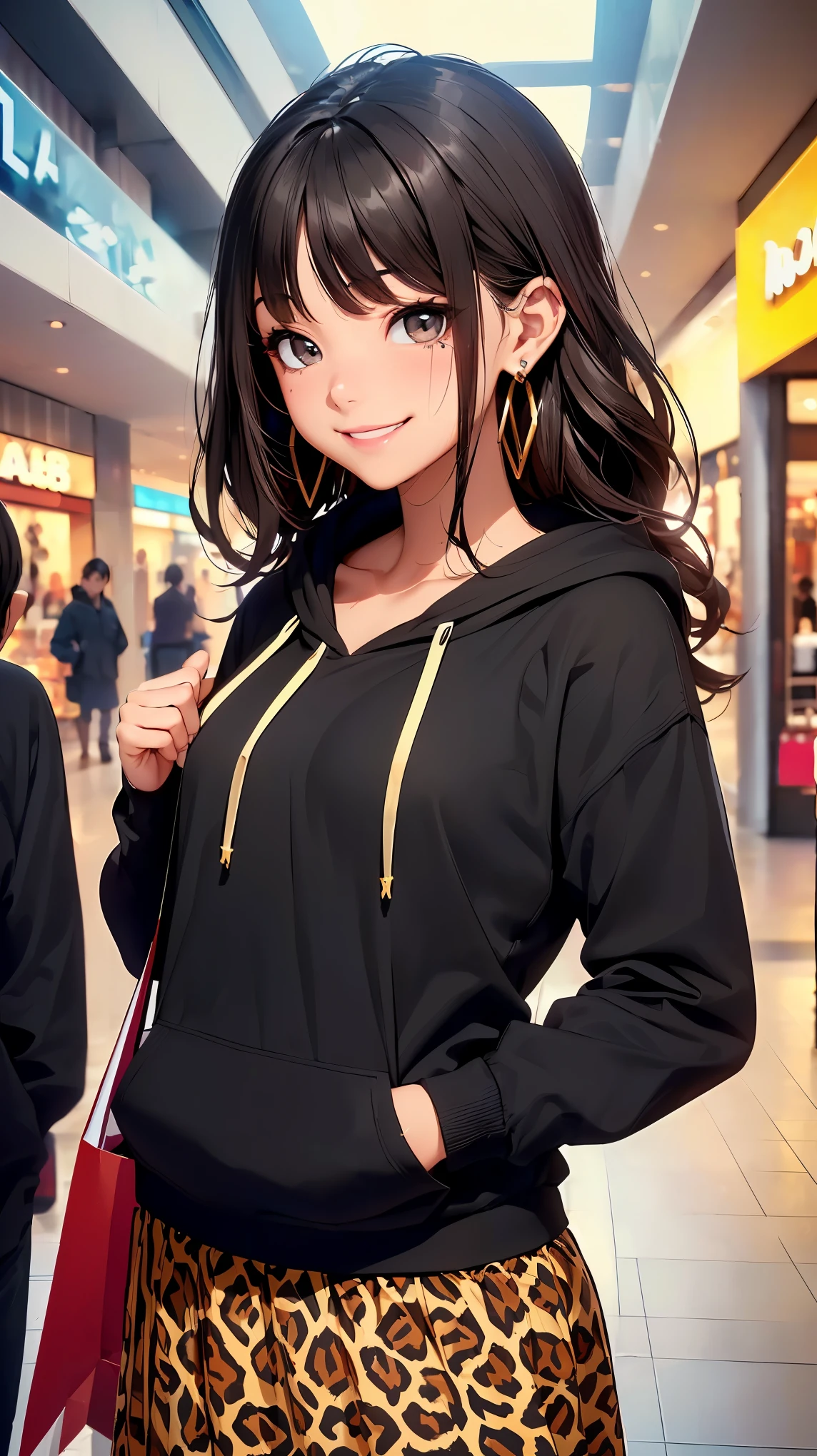 NSFW, (8k, RAW photo, 最high quality, masterpiece:1.2), High-definition RAW color photo, Professional photo shoot, cinematic light, alone, (((young woman, gal))), (detailed expression), (small face), (high detail skin:1.2), clavicle, cute face, beautiful appearance, long eyelashes, (brown hair, long wavy hair, black eye), ((distinctive earrings)), (slim body shape:1.4), very detailed顔と肌の質感, fine eyes, double eyelid, (((shy smile:1.5))), ((asymmetrical bangs:1.2)), ((natural posture:1.5, photo shootのためポーズをとる, sexy pose)), (shopping mall scenery:1.5), Joy and excitement, ((sexy shot, black hoodie:1.5, leopard print culotte skirt)), beautiful skin, shiny skin, perfect fingers, five fingers, anatomically correct, background bokeh, high quality, surreal, bright colors, ((Nikon, 135㎜, f/1.8, very detailed, Lens flare, photo shoot)),