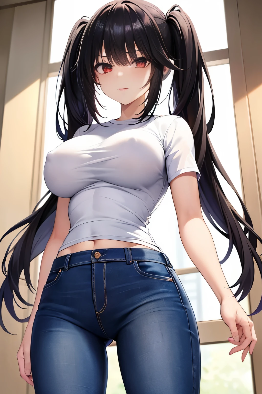 Optimal,masterpiece,High resolution,highest quality,hyper hd,Super detailed,award-winning,16k,alone,(cowboy shot)、cute face,,black hair、long hair、twin tails、 hair line,((scarlet eyes)),long eyelashes,drooping corners of the eyes,Are standing、open your legs、thin legs、white skin,((Shoot from below)), ((wearing a tight white t-shirt:1.5)), ((tight denim pants)). ((transparent nipples))、rocket tits , big breasts,