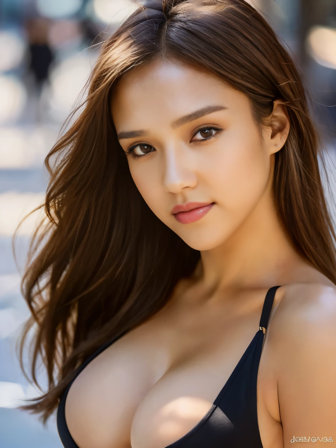 jessica_alba, ((Best quality, 8k, Masterpiece :1.3)), Sharp focus :1.2, Perfect body beauty: 1.4, Slim abs: 1.2, ((Dark brown hair, Big breasts: 1.2)), (Natural light, City street: 1.1 ), highly detailed facial and skin textures, detailed eyes, double eyelids, (((Dynamic Angle)))