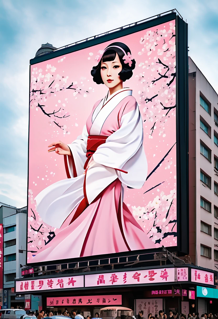 (best quality,4k,8k,highres,masterpiece:1.2),ultra-detailed,on the billboard in the city's cinema, a large poster of the movie with the name "SAKURA MAIDEN", in the background a crowd of people on the streets of a city, (art deco), 70's, japan,