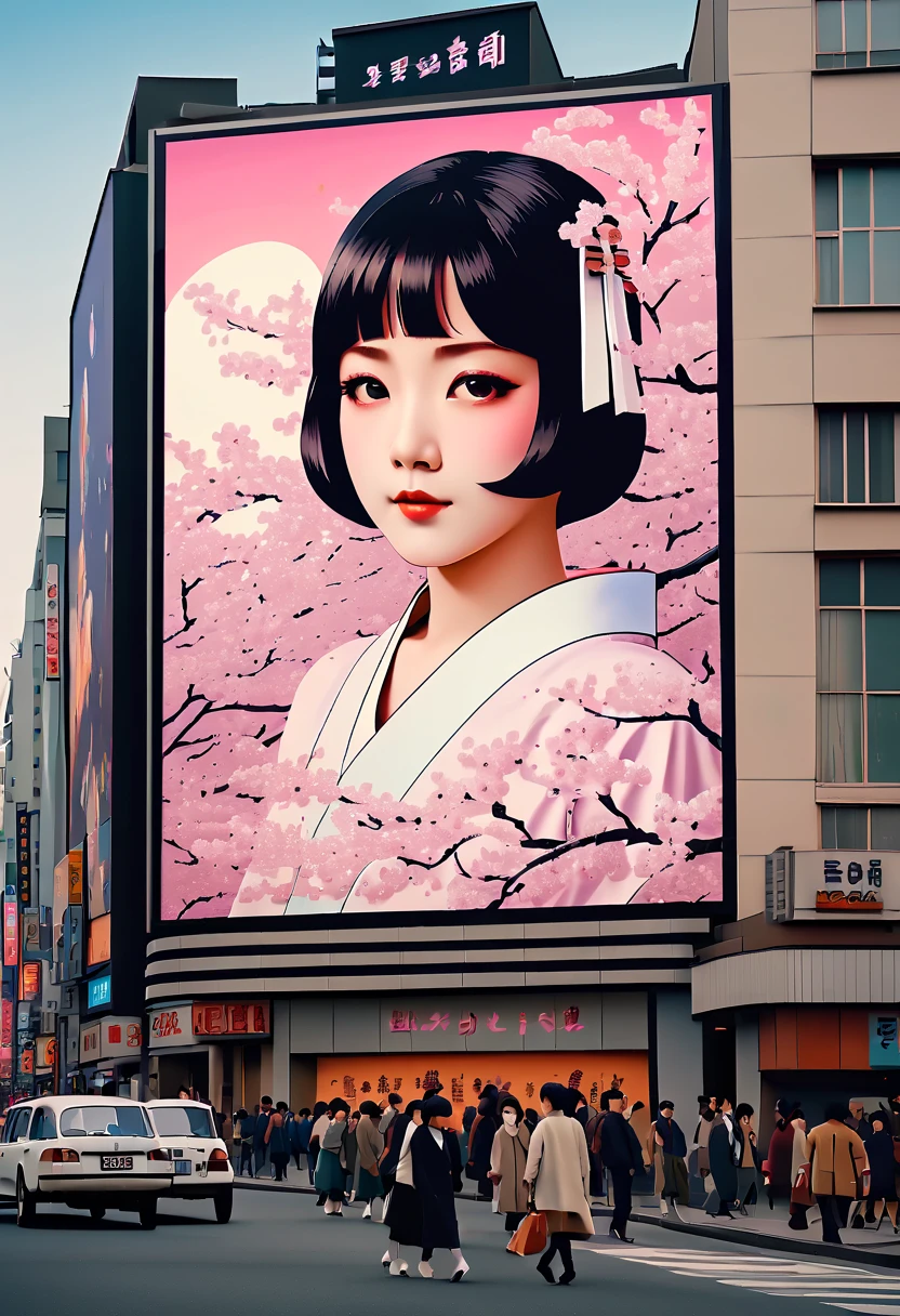 (best quality,4k,8k,highres,masterpiece:1.2),ultra-detailed,on the billboard in the city's cinema, a large poster of the movie with the name "SAKURA MAIDEN", in the background a crowd of people on the streets of a city, (art deco), 70's, japan,