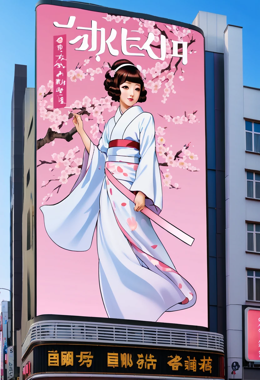 (best quality,4k,8k,highres,masterpiece:1.2),ultra-detailed,on the billboard in the city's cinema, a large poster of the movie with the name "SAKURA MAIDEN", in the background a crowd of people on the streets of a city, (art deco), 70's, japan,