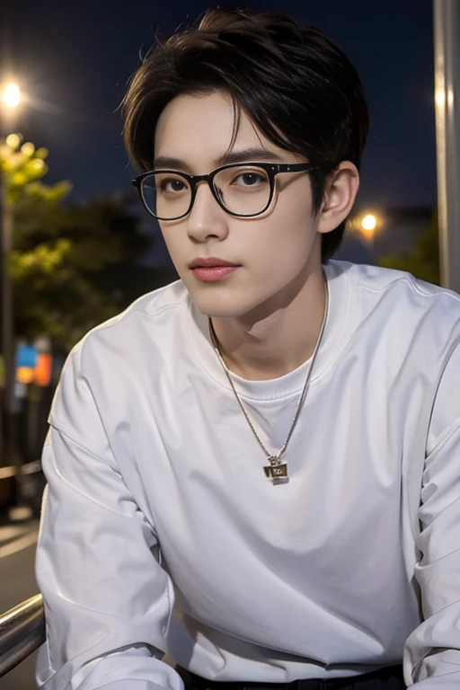 "(top quality,8k,masterpiece:1.3), cool korean man, 1 man with, 20 years, Shape of face, handsome nose, Detailed eyes and face, Detailed lips, Beautiful and delicate eyes, wear glasses,fashion appearance, Stylish hairstyle, confident smile, glamor gaze, Fashion clothing, Casual yet chic, Street style, city background, dynamic poses, seoul cityscape, bright colors, dramatic lighting"
