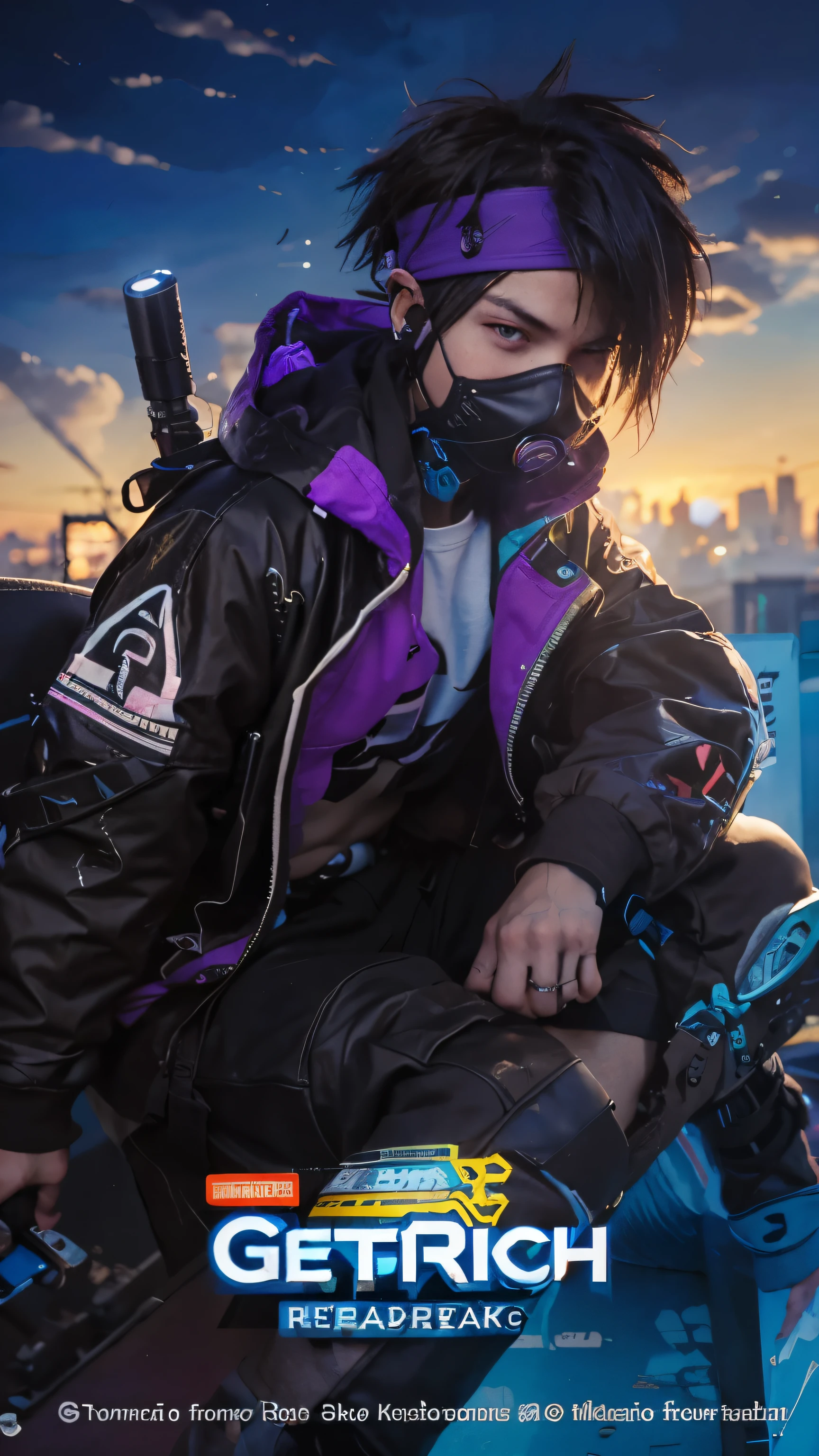 a close up of a boy on a skateboard on a city street with masker respiratory gas and headband, digital cyberpunk art, anime cyberpunk art, cyberpunk in hoodie, cyberpunk hero, boy cyberpunk, cyber future jacket, digital cyberpunk , style 4 k, like a picture