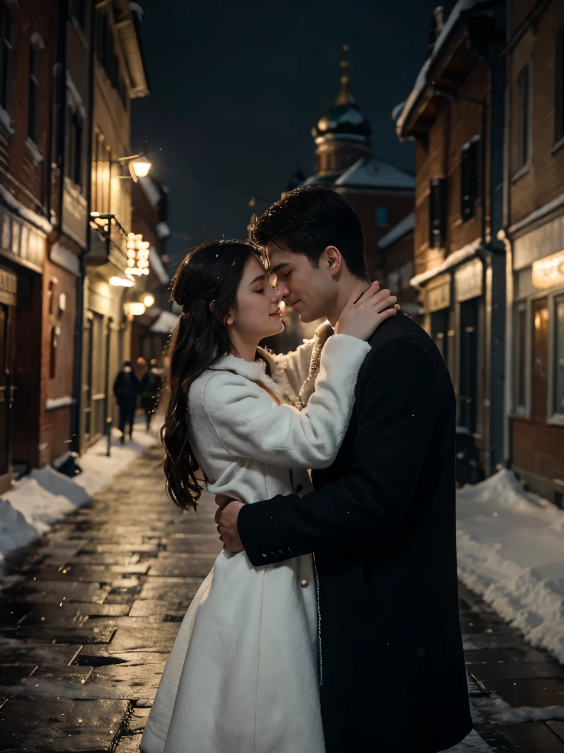 winter fairy tale in a snowy Russian city, lights, snowfall, couple kissing on the street, love story, happy people, Extreme Detail CG Unity 8K wallpaper, masterpiece, highest quality, exquisite lighting and shadow, highly dramatic picture, cinematic lens effect, excellent detail, outstanding lighting, wide angle, (excellent rendering, enough to be proud of its kind, photorealistic image