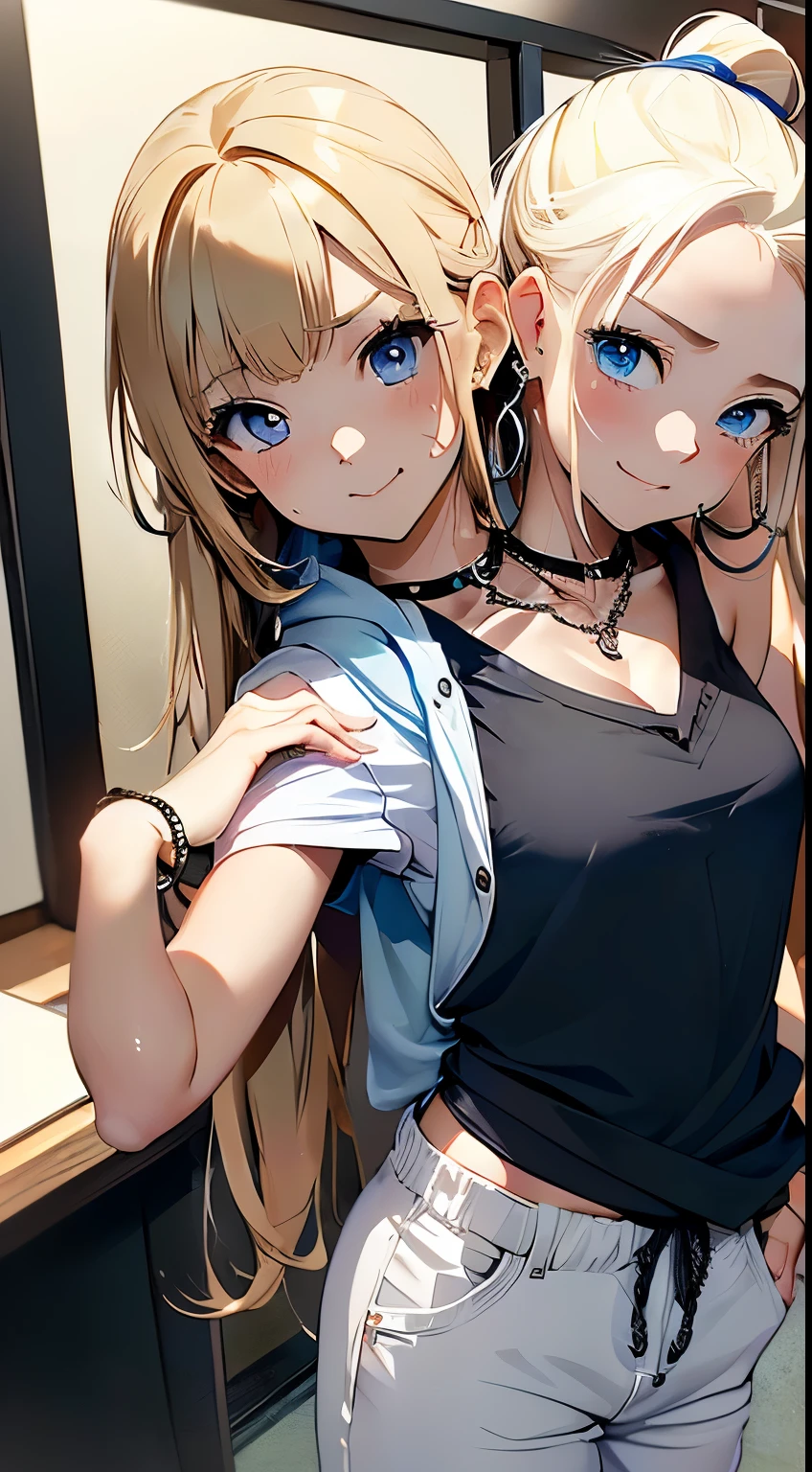 (masterpiece, best quality), best resolution, (2heads:1.5), 1girl, two-headed girl with((18year old, two heads, tattered clothing, Black tank top, Black short-sleeved hoodie, White pants, Best Bust, Bust 85、a blond, disheveled ponytail Blue eyes, open chest wide, Happiness, Sweating, Chain Accessories, During the dance、お腹に♡のペイント))hiquality, visualart,