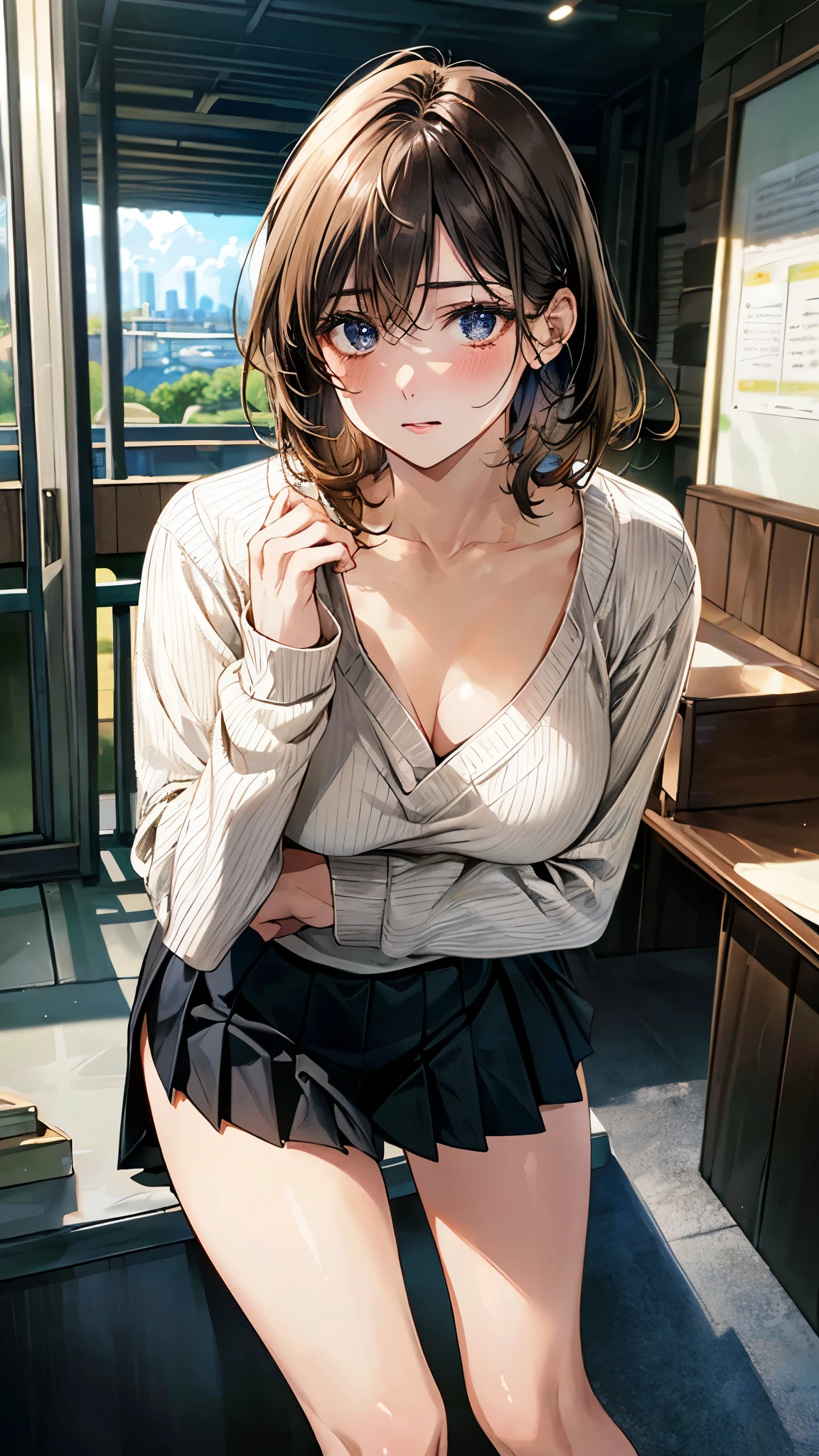 (masterpiece:1.2, top-quality), (realistic, photorealistic:1.4), beautiful illustration, (natural side lighting, movie lighting),
looking at viewer, full body, 1 girl, japanese, (receptionist), 20 years old, perfect face, (perfect anatomy), cute and symmetrical face, shiny skin,
(short hair, straight hair, light brown hair), hair between eyes, dark blue eyes, hair clip, long eye lasher, (medium breasts, seductive thighs, big ass),
beautiful hair, beautiful face, beautiful detailed eyes, beautiful clavicle, beautiful body, beautiful chest, beautiful thigh, beautiful legs, beautiful fingers,
((insanely detailed clothes, ivory sweater, black pleated skirt)),
(beautiful scenery), depth of field, late afternoon, (park, cityscape in the distance, (hide own chest with hands, leaning forward)), (surprised:1.5, opem mouth),