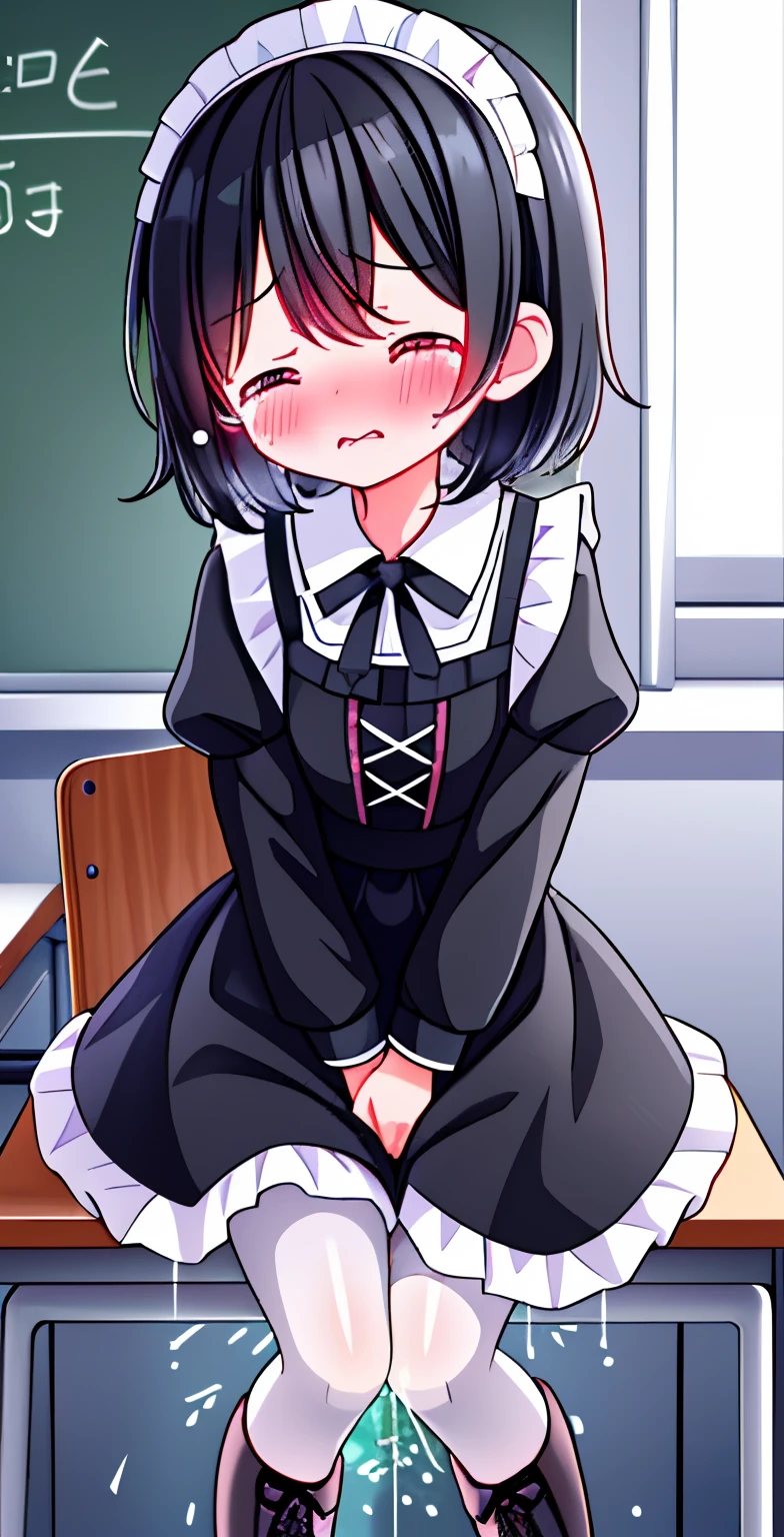 maid outfit,Black lace-up boots,white pantyhose,blush害羞,classroom scene,girl,short black hair,((absurd)), ((on the table)), (best quality), (lens flare), (Super detailed), (beautiful), ((cute girl)), alone, beautiful face, White skin, on the table, (10 years old: 1.3), , 、A girl goes to the toilet、 permanent, is crying, close her eyes, tears flow from eyes, Embarrassment comes from, blush), (girl is peeing: 1.2),, look away, sitting, Awkward, blush, The mouth opens slightly, classroom (girl leaking urine): 1.5)