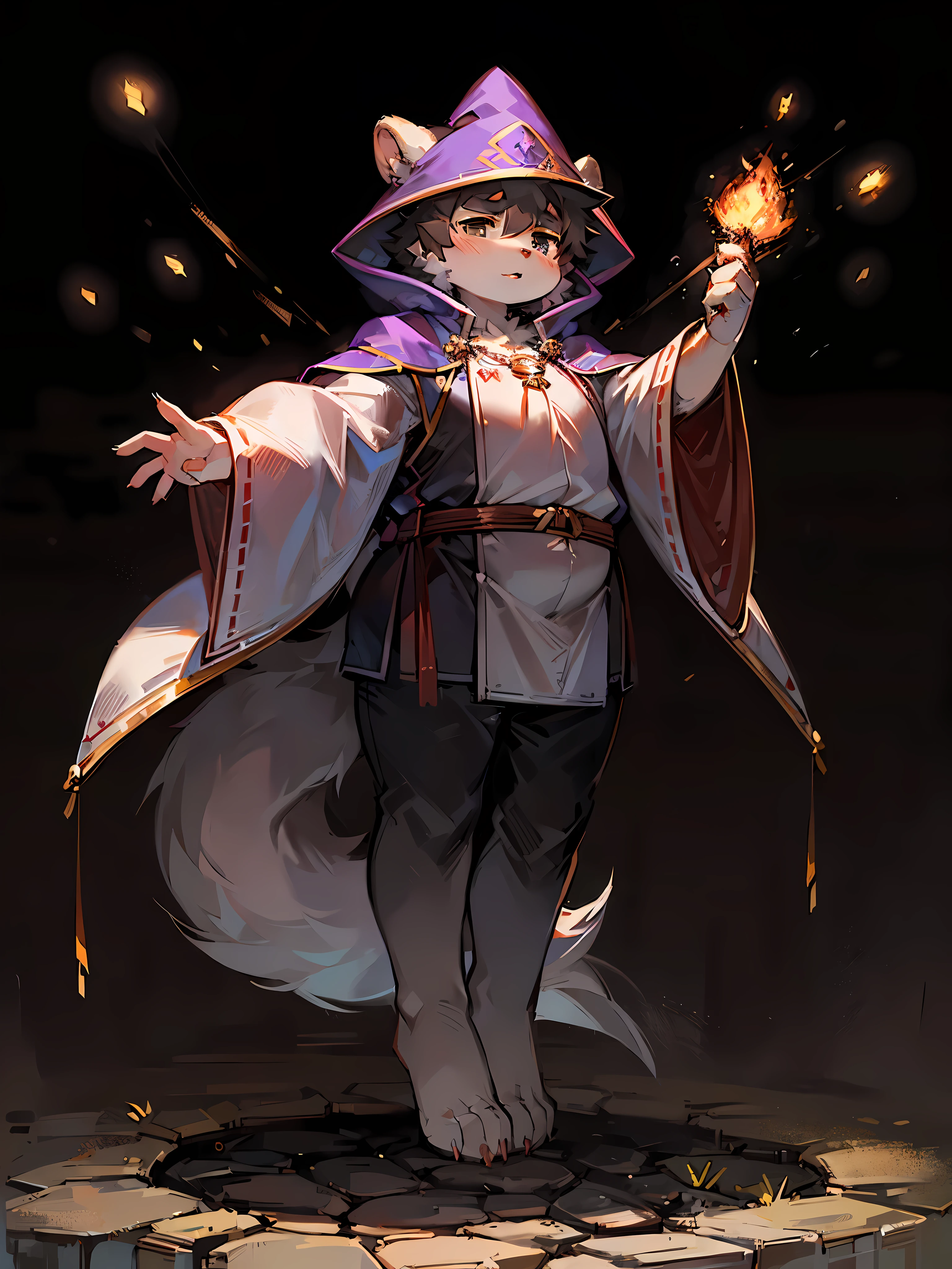 masterpiece,best quality,Very detailed,SFW,Bear figure,alone,male,(Shota:1.2),chubby,hairy,Kanno,thick eyebrows,(wizard:1.25),Miko costume,point hood,(whole body:1.3)