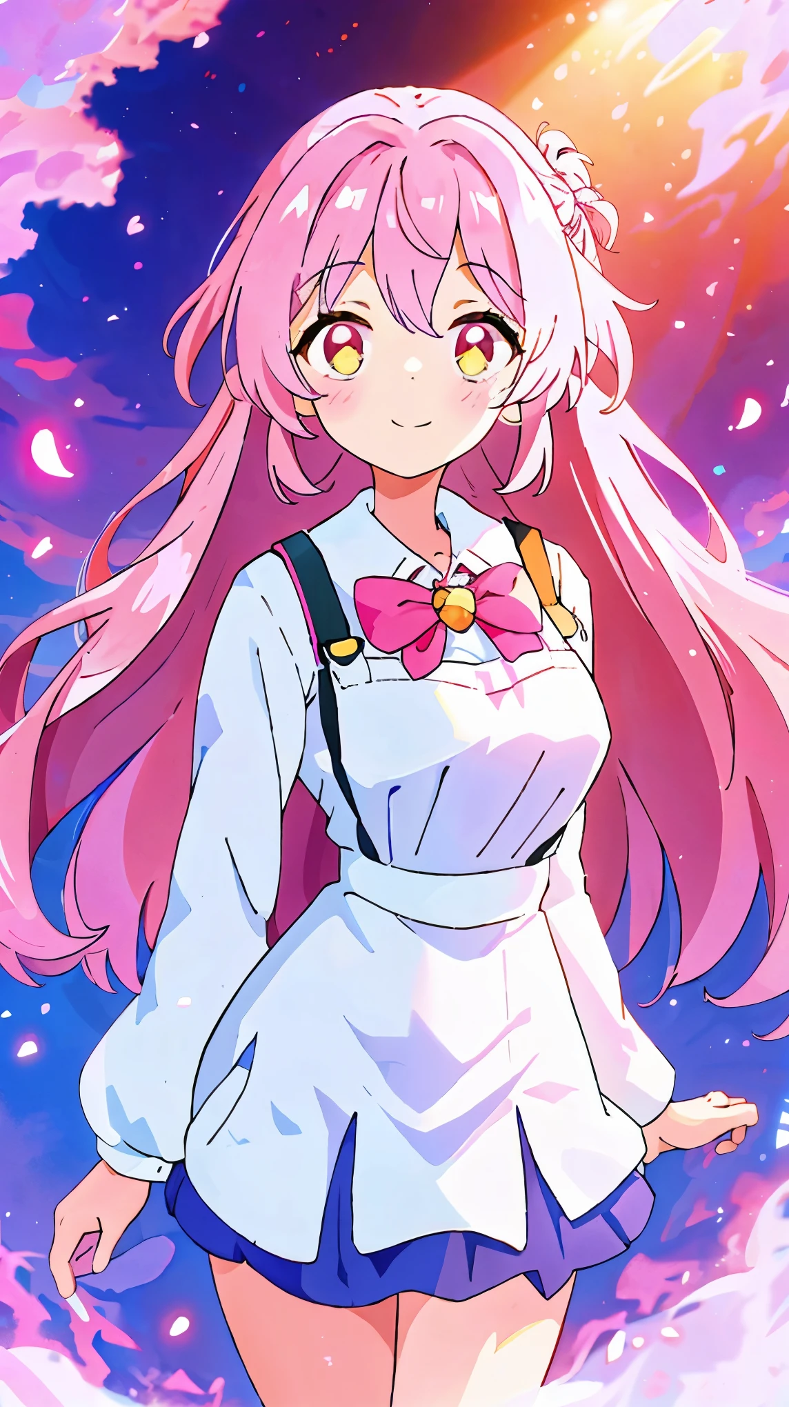 In the heart of a high resolution masterpiece, there stands a radiant pink-haired lady, her gentle smile beaming with youth and the allure of a love affair. The scene is bathed in the soft glow of backlight, as if the sun had taken a pause to highlight her every feature. Her long, flowing pink locks frame her face, adding a touch of playfulness to her overall appearance.

She wears cute personal clothes, each detail beautifully rendered, that flatter her figure. A fluffy white coat, open in front, billows around her, revealing a folded mini skirt, loose and fluffy, that resembles a cloud against the ground. With a hint of mystery lingering in her