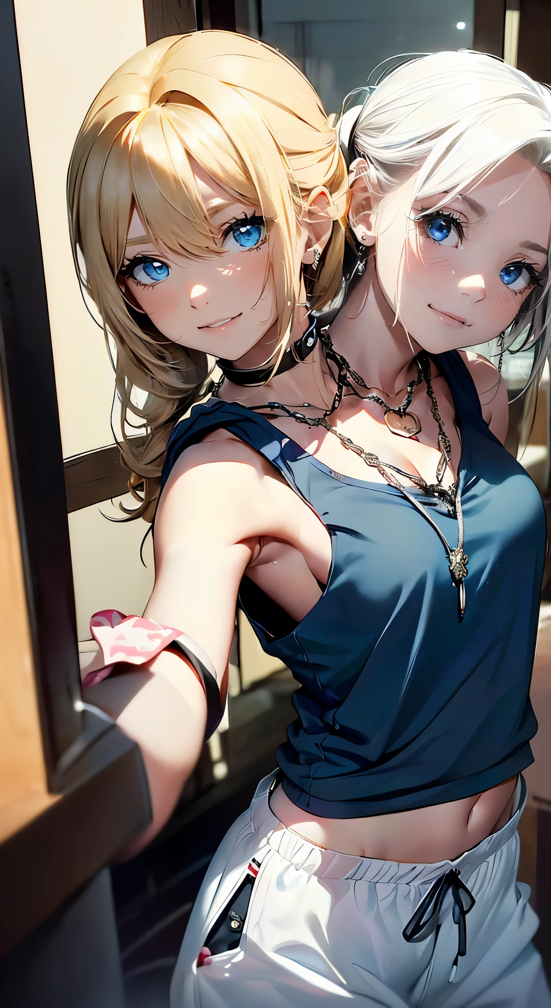 (masterpiece, best quality), best resolution, (2heads:1.5), 1girl, two-headed girl with((18year old, two heads, tattered clothing, Black tank top, Black short-sleeved hoodie, White pants, Best Bust, Bust 85、a blond, disheveled ponytail Blue eyes, open chest wide, Happiness, Sweating, Chain Accessories, During the dance、お腹に♡のペイント))hiquality, visualart,