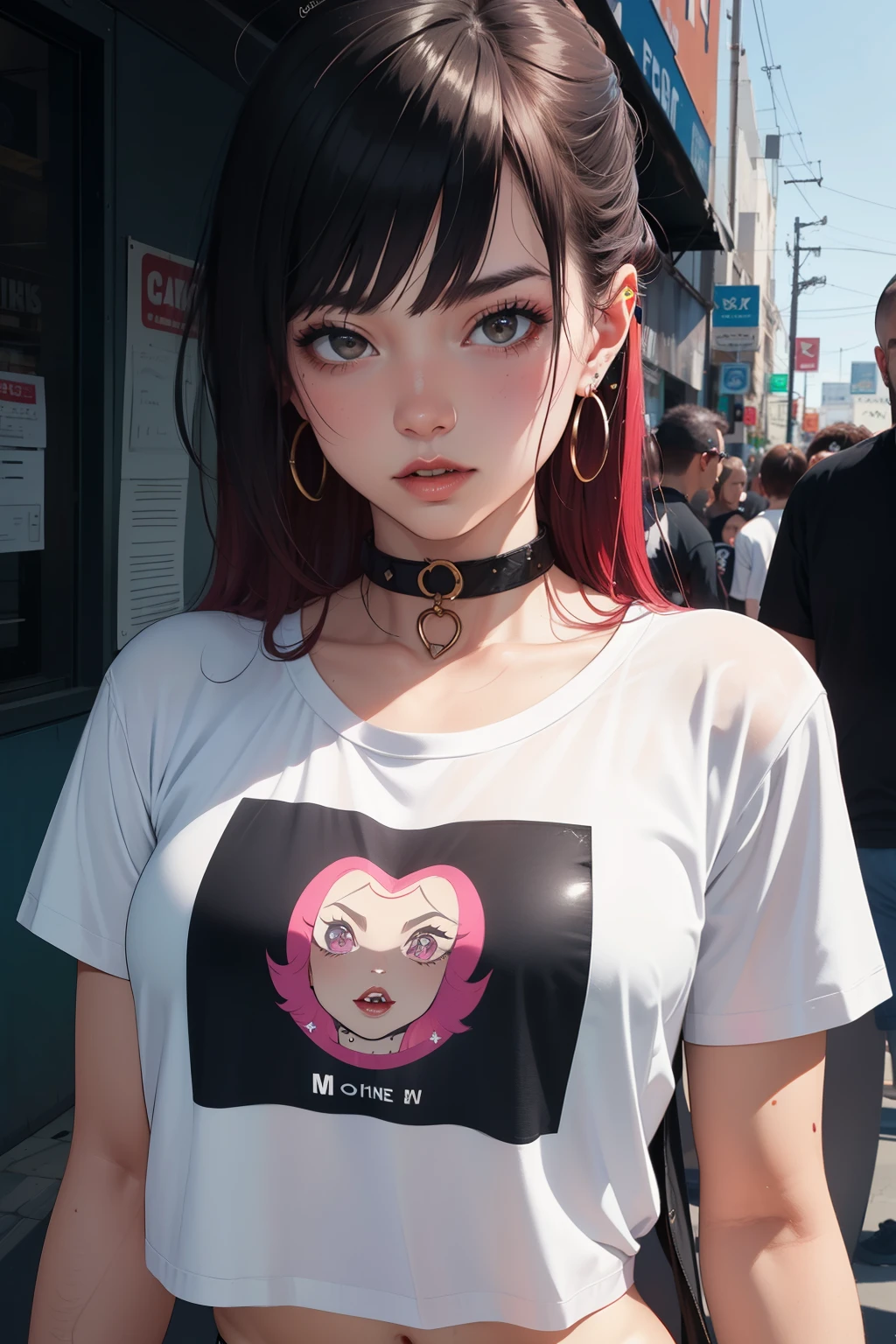 ((Mejor calidad)), ((Obra maestra)), (detallado),((frontal portrait)), looking to the camera, cara perfecta, ((((SEXY)))), ((femenine)),purple hair, beautiful angry late teen latin urban punk girl with tattoos taking a selfie, ((((dressed only with a very  oversized sexy man torn tee shirt and tiny stilished punk garments)))), ((big choker)), spike bracelet, (punk jewelry)