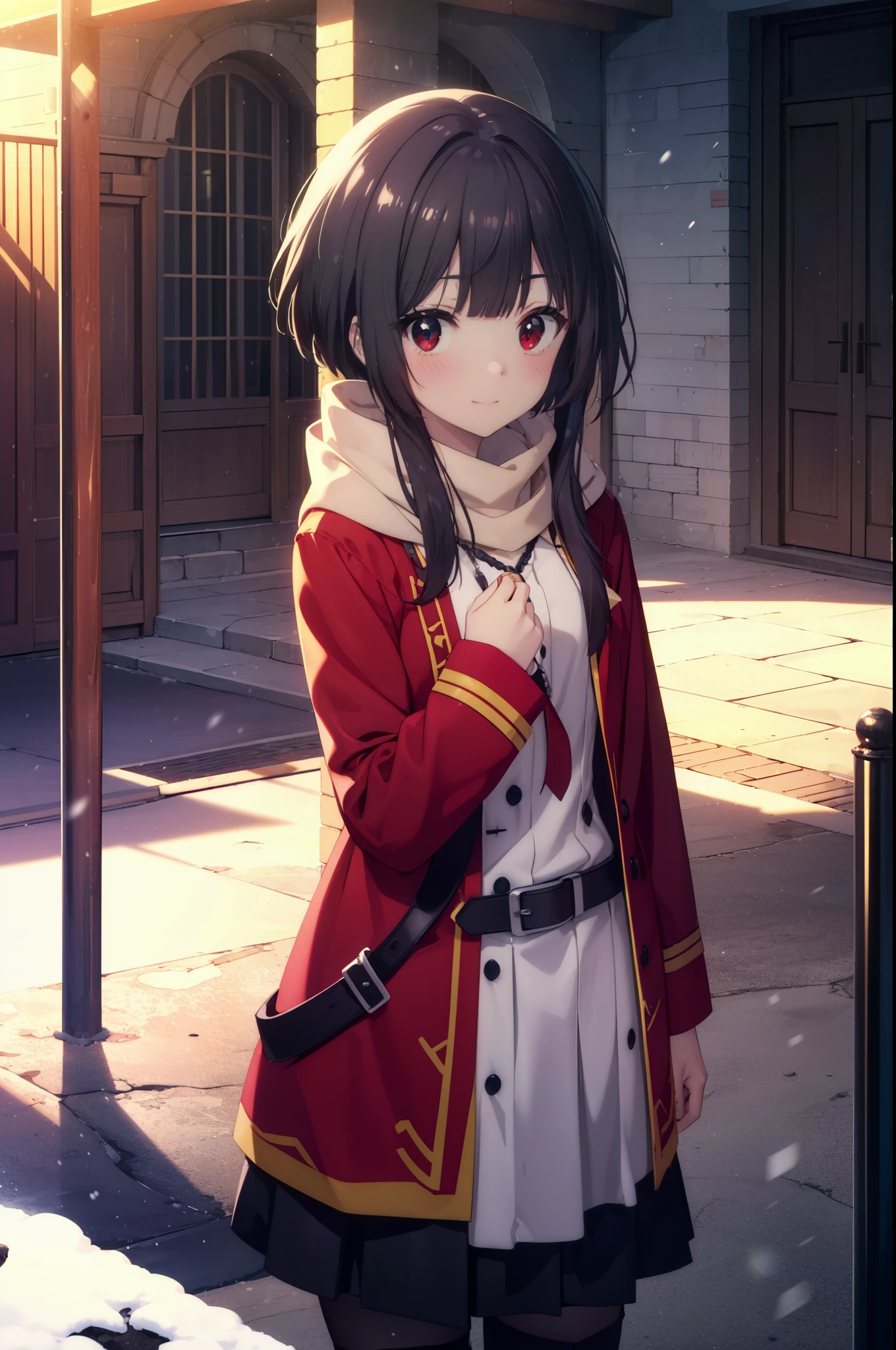 konosubaMegumin, Megumin, short hair, black hair, (red eyes:1.3), short hair with long locks,smile,blush,red long coat　There is an open front,heart shaped necklace,white sweater,black muffler,long skirt,short boots,winter,cold sky,It&#39;s snowing,snow is falling,
break outdoor, In town,building street,
break looking at viewer, (cowboy shot:1.5),
break (masterpiece:1.2), highest quality, High resolution, unity 8k wallpaper, (figure:0.8), (detailed and beautiful eyes:1.6), highly detailed face, perfect lighting, Very detailed CG, (perfect hands, perfect anatomy),