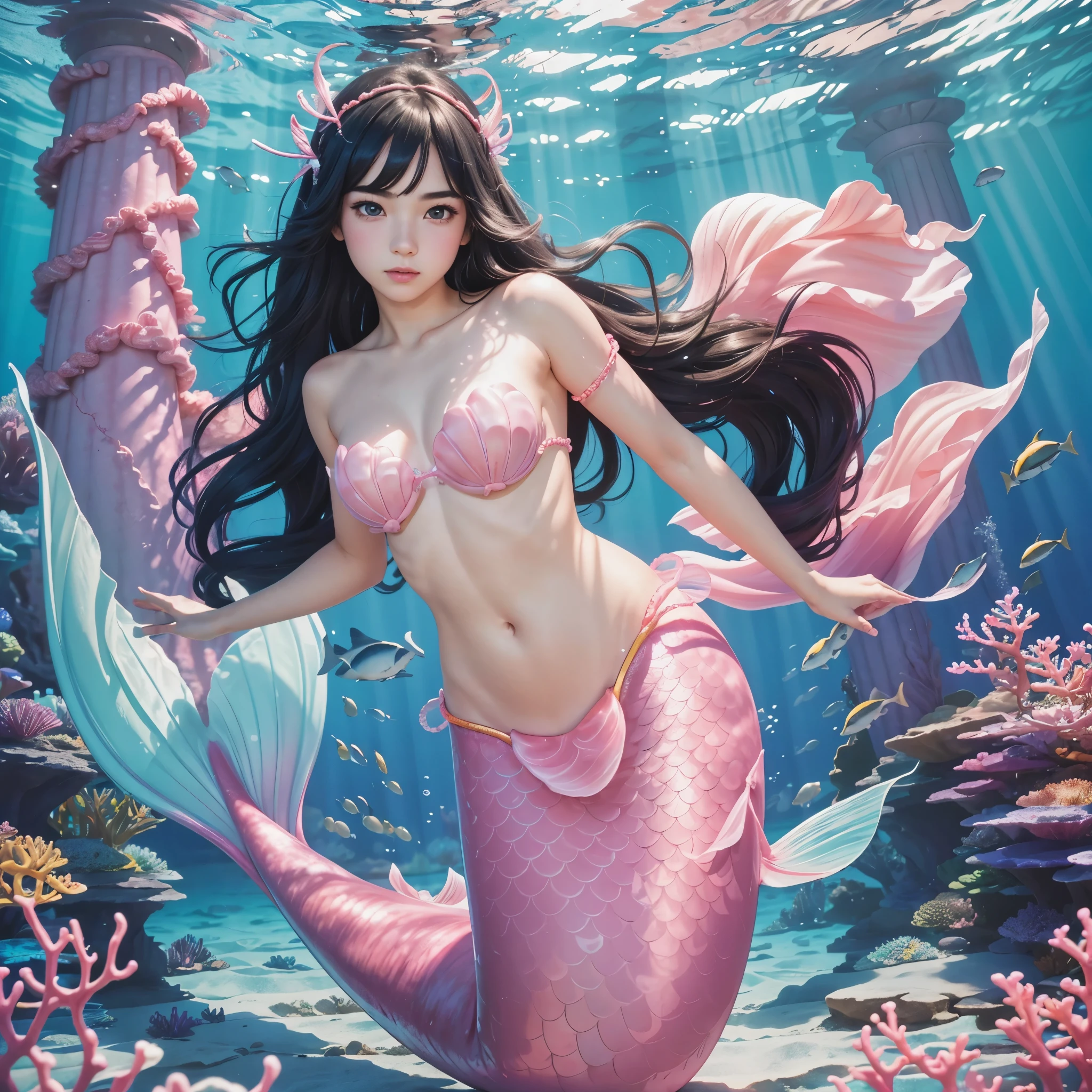 (best quality,4k,highres,masterpiece:1.2),ultra-detailed,realistic,happy,anime style,teenage boy get transformed into a cute mermaid, pink eyes,long black hair,gender bending,pink mermaid tail,seashell bra intricately decorated with pearls and coral,underwater life,cute fins,sparkling scales,clear blue water,magical atmosphere,pearl of power,lively coral reefs,bubble effects,playful expressions,rays of sunlight,joyful expressions,soft pastel colors,whimsical details,beautiful underwater plants,enchanted sea creatures,magical transformation,wondrous sea adventure,surrounded by fish friends,expressive eyes,floating seahorses,pink blush cheeks,glistening water droplets,gentle waves caressing,exploring deep sea depths,dancing with dolphins,underwater castle kingdom,secrets of the ocean,serene underwater landscape,lit by the glow of the pearl