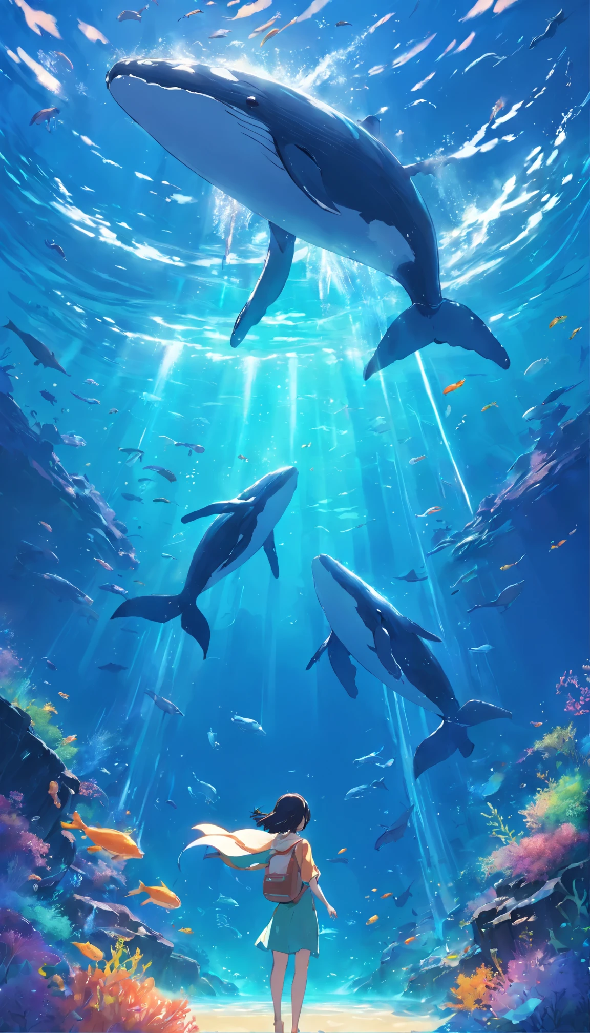 Painting of whales swimming in colorful ocean, Look up at the composition, Jellyfish and whales, Inspired by Cyril Rolando, A beautiful artwork illustration, author：Shitao, colorful concept art, Makoto Shinkai Cyrillo Rolando, In the style of Cyril Rolando, whale, Highly detailed watercolor 8K, highly detailed water colour 8 k，octane，the end，Realistic，8K，Estilo de Makoto Shinkai( reasonable design, clear lines, High- sharpness,Best quality, Very detailed, Master parts, movie light effect, 4K )，A boy and a girl swim at the bottom of the sea，dream magical，The fish，