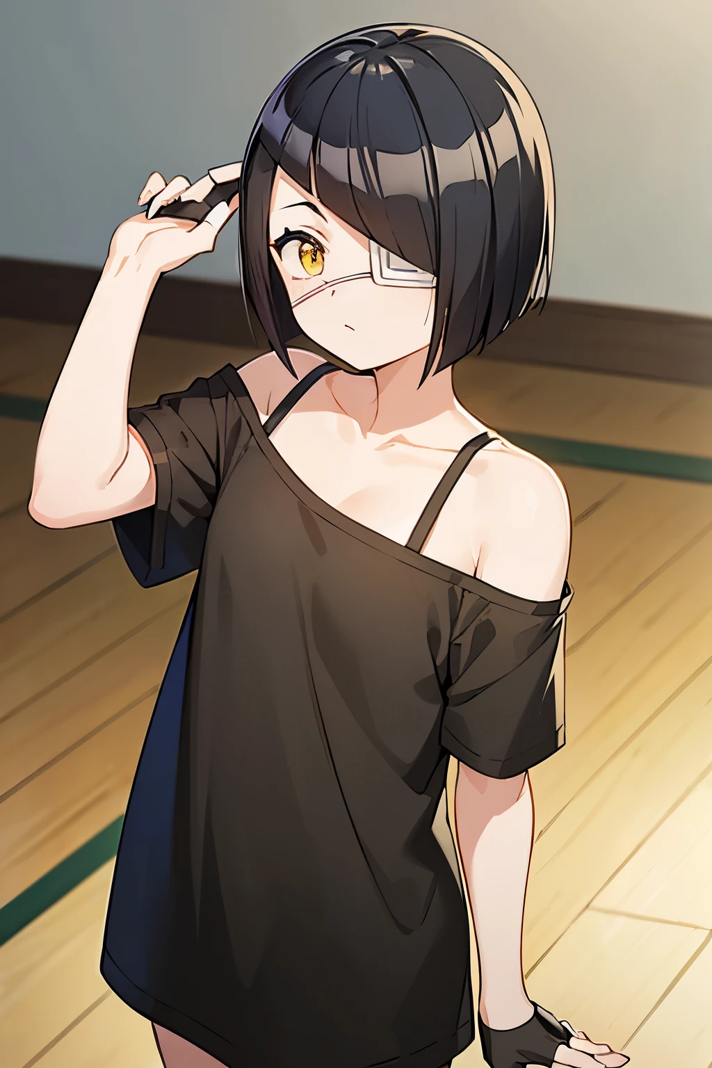 girl, nakanaka_omoharu, black hair, short hair, flat chest, golden eyes, white eye patch, casual outfit, black and white shirt, oversized shirt, off shoulder, fingerless gloves, black socks