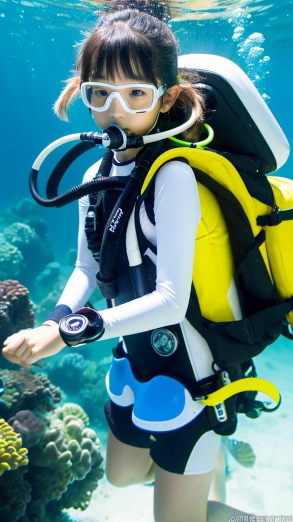 scuba diving,  Japanese girl breathes from tank to regulator., pure white wet suit, colorful tail., masterpiece, Accurate, highest quality, High resolution