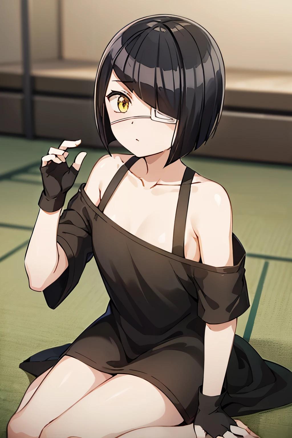 girl, nakanaka_omoharu, black hair, short hair, flat chest, golden eyes, white eye patch, casual outfit, black shirt, oversized shirt, fingerless gloves, black socks, bare shoulders