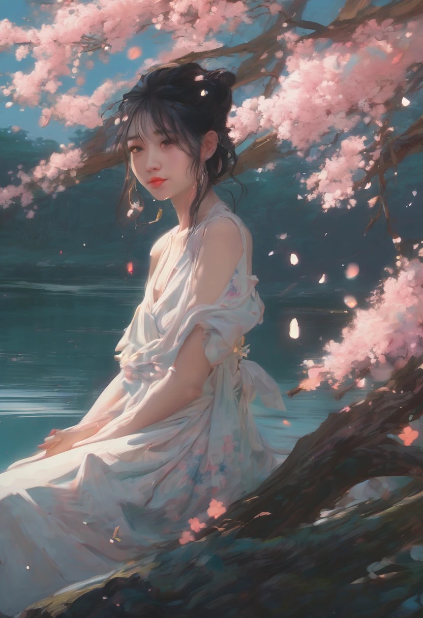 1girl, The Sakura Maiden, aesthetic, Incredible, detailed fluid gouache illustration of an enchanting, glowing sakura garden at sunset by renowned artists including Jeremy Mann and Winslow Homer. Features sharp focus, vivid colors, fireflies and a hyperrealistic galaxy. Concept art with 8k resolution.