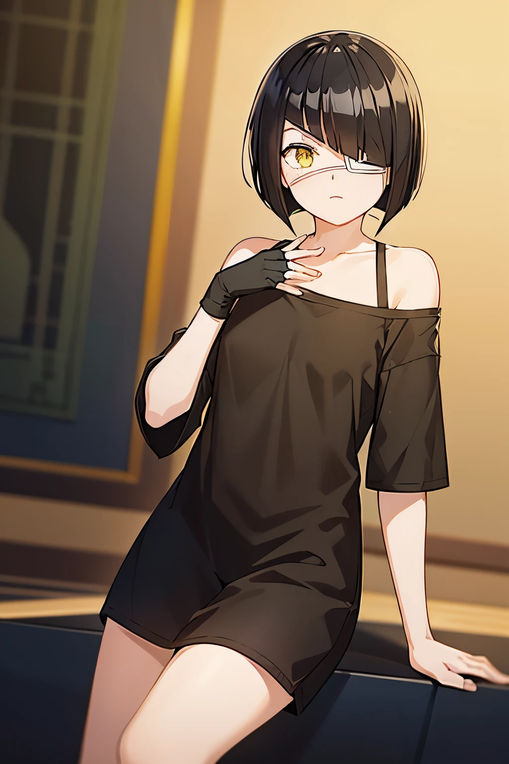 girl, nakanaka_omoharu, black hair, short hair, flat chest, golden eyes, white eye patch, casual outfit, black shirt, oversized shirt, off shoulder, fingerless gloves, black socks